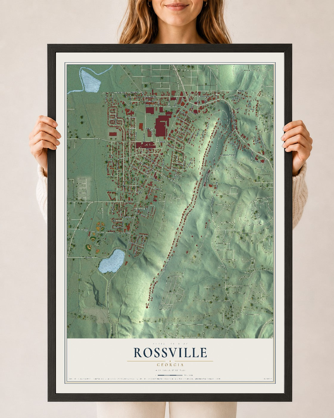 Rossville, Georgia map print, 24" x 36" W/ Black Ayous Wood Frame mockup