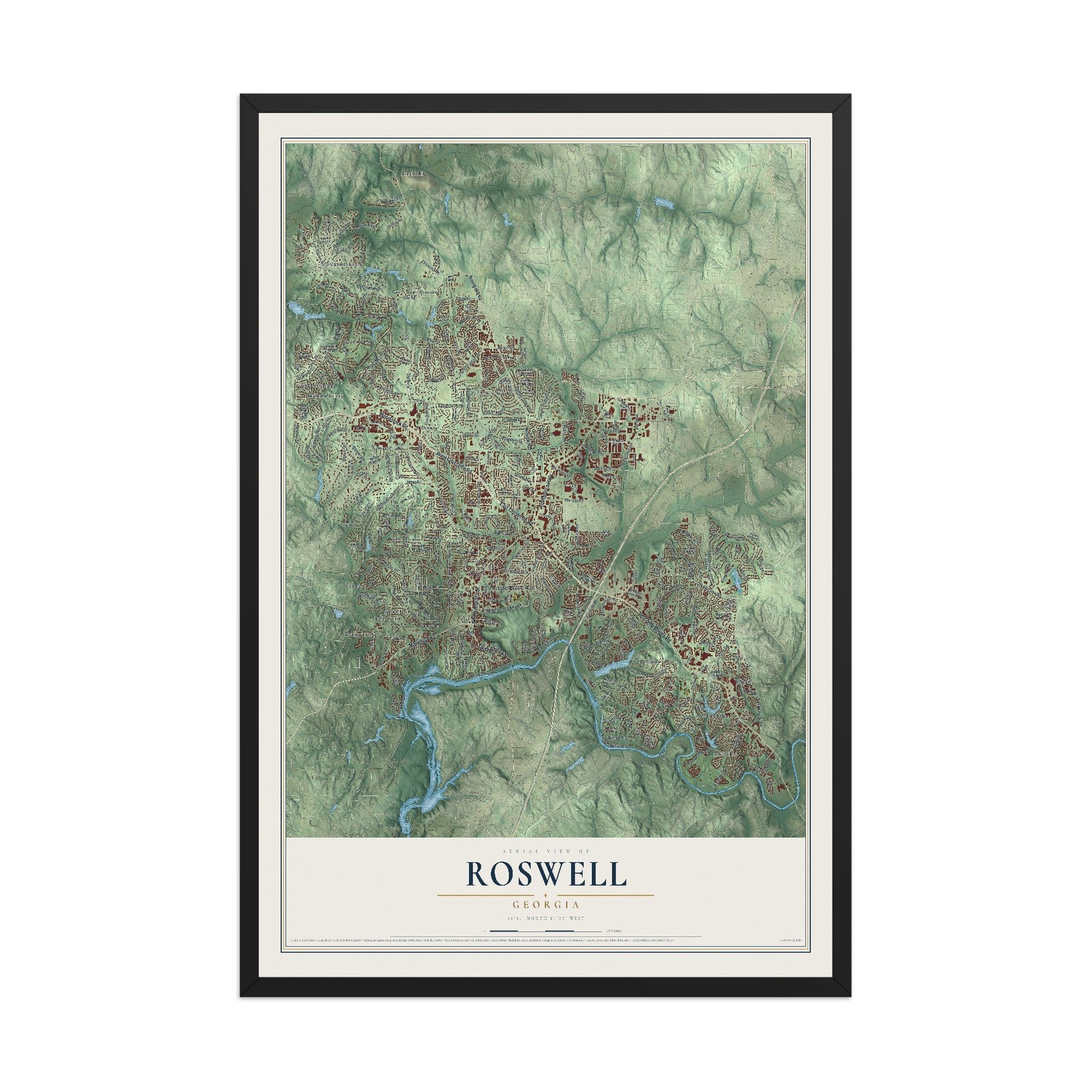 Roswell, Georgia map print, 12" x 18" W/ Black Ayous Wood Frame mockup