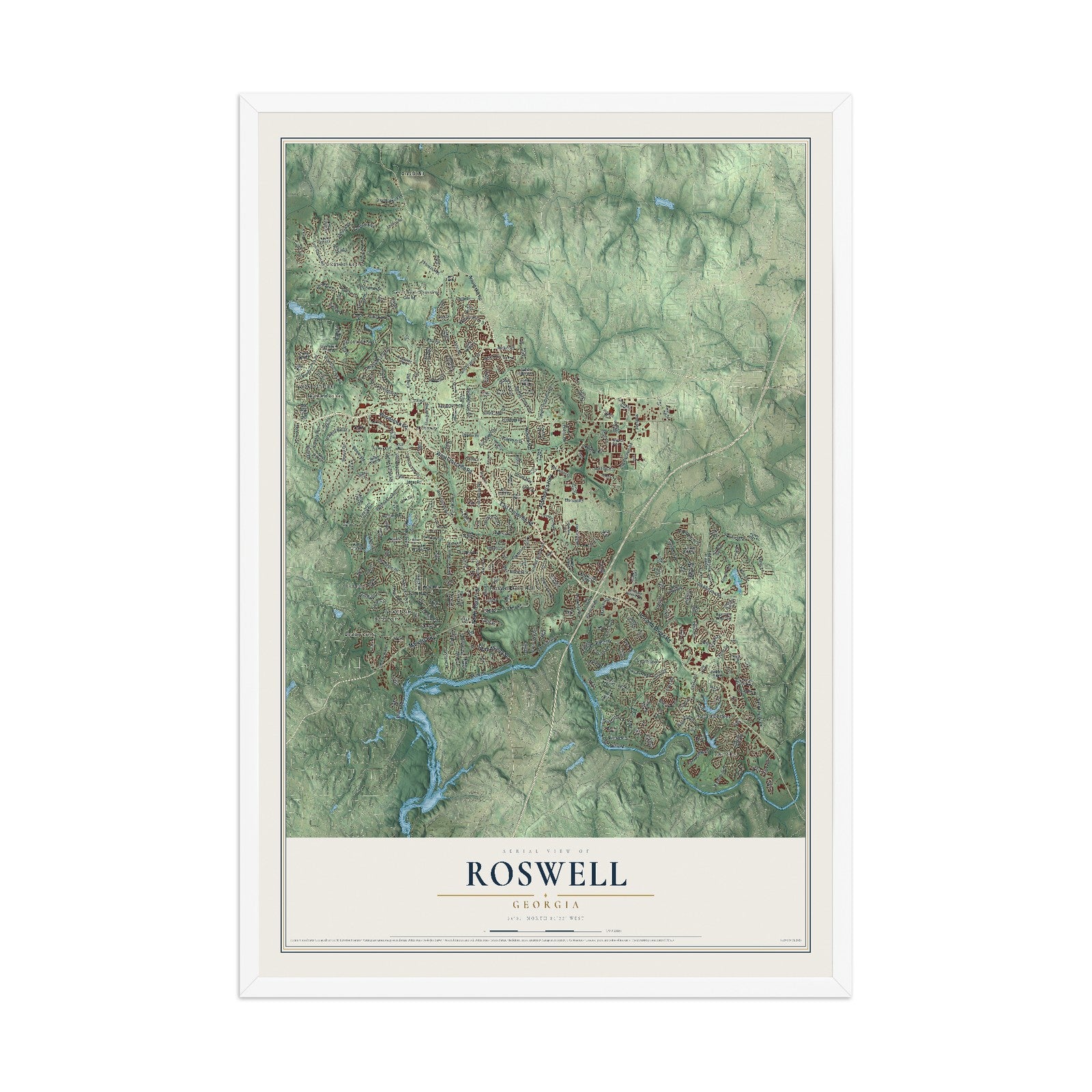 Roswell, Georgia map print, 12" x 18" W/ White Ayous Wood Frame mockup