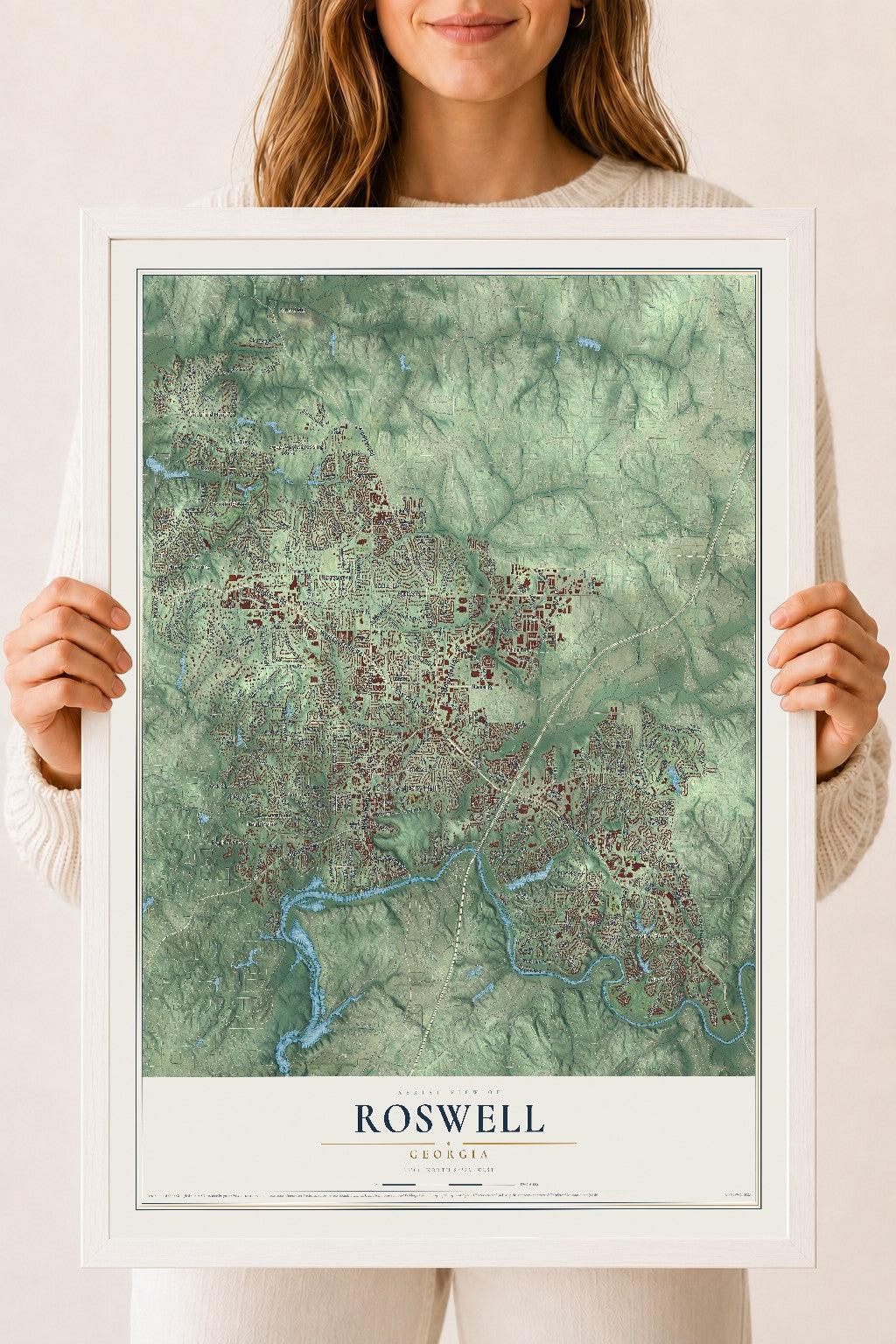 Roswell, Georgia map print, 18" x 24" W/ White Ayous Wood Frame mockup