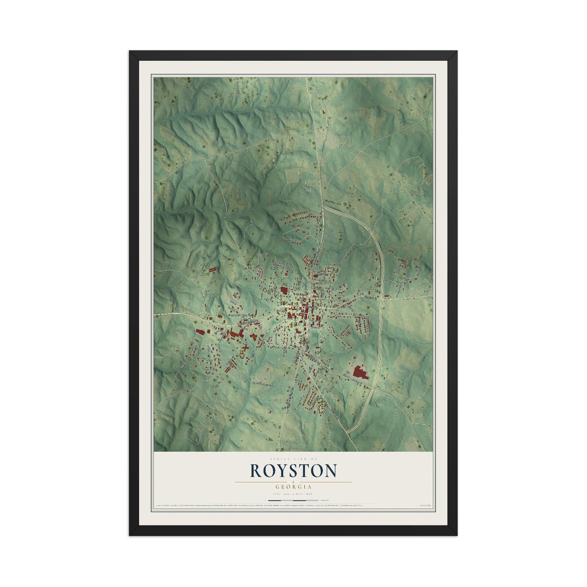 Royston, Georgia map print, 12" x 18" W/ Black Ayous Wood Frame mockup