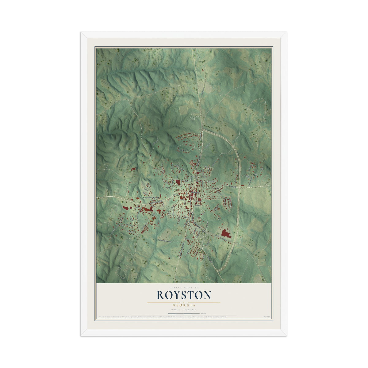 Royston, Georgia map print, 12" x 18" W/ White Ayous Wood Frame mockup