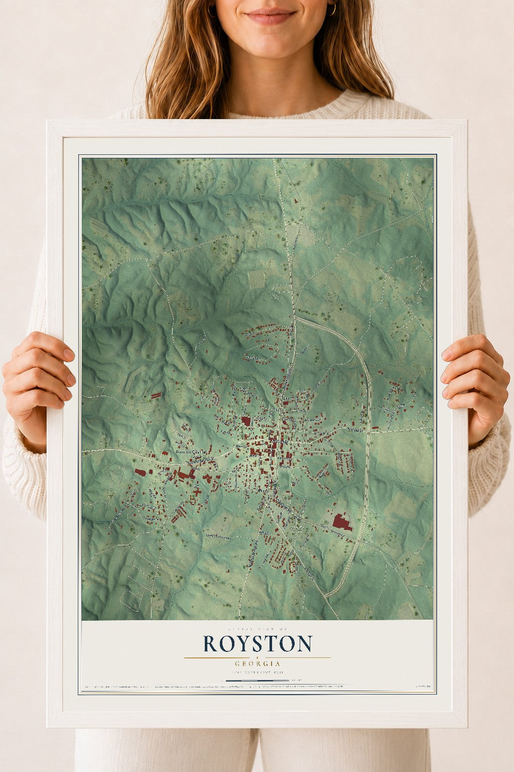 Royston, Georgia map print, 18" x 24" W/ White Ayous Wood Frame mockup