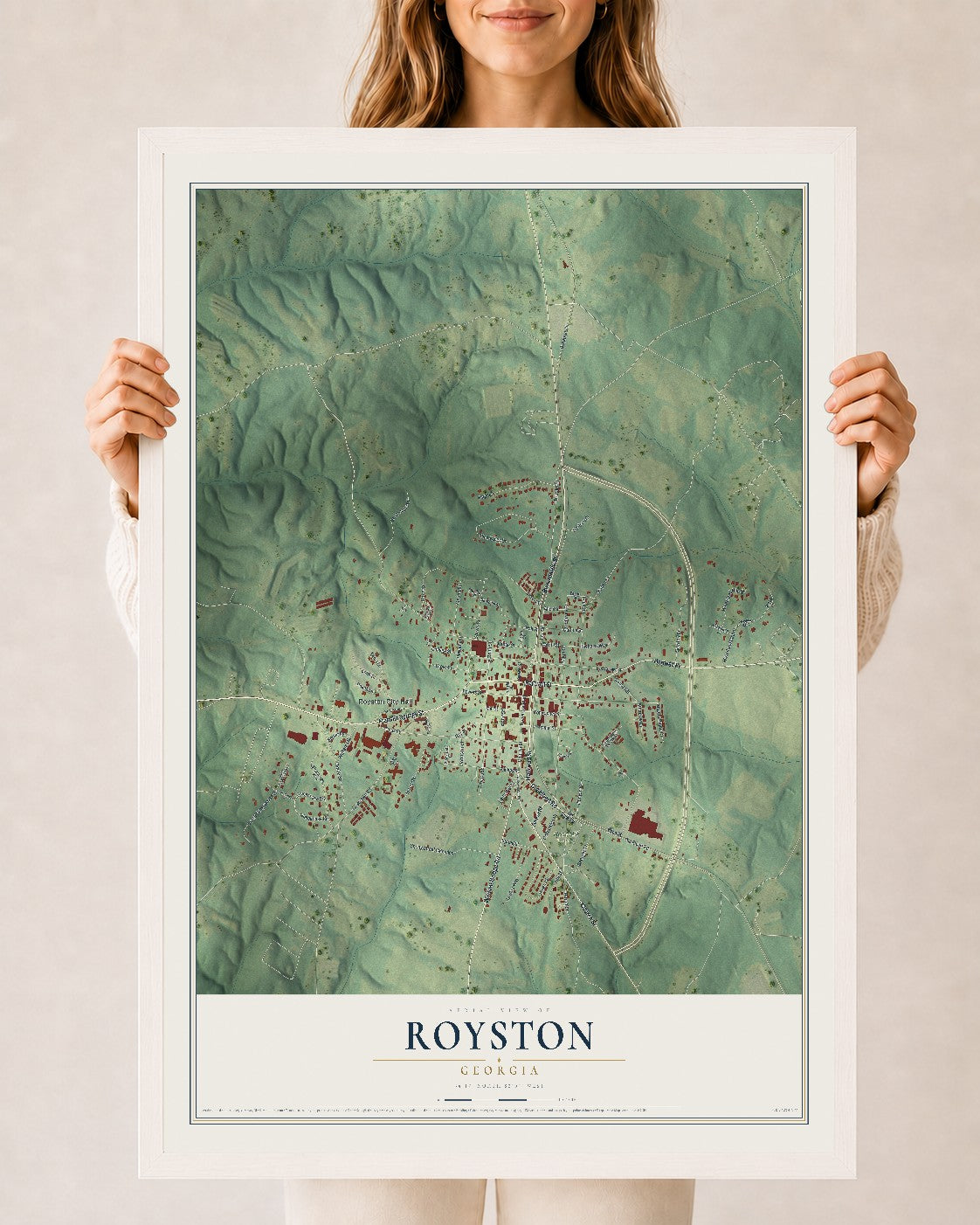 Royston, Georgia map print, 24" x 36" W/ White Ayous Wood Frame mockup