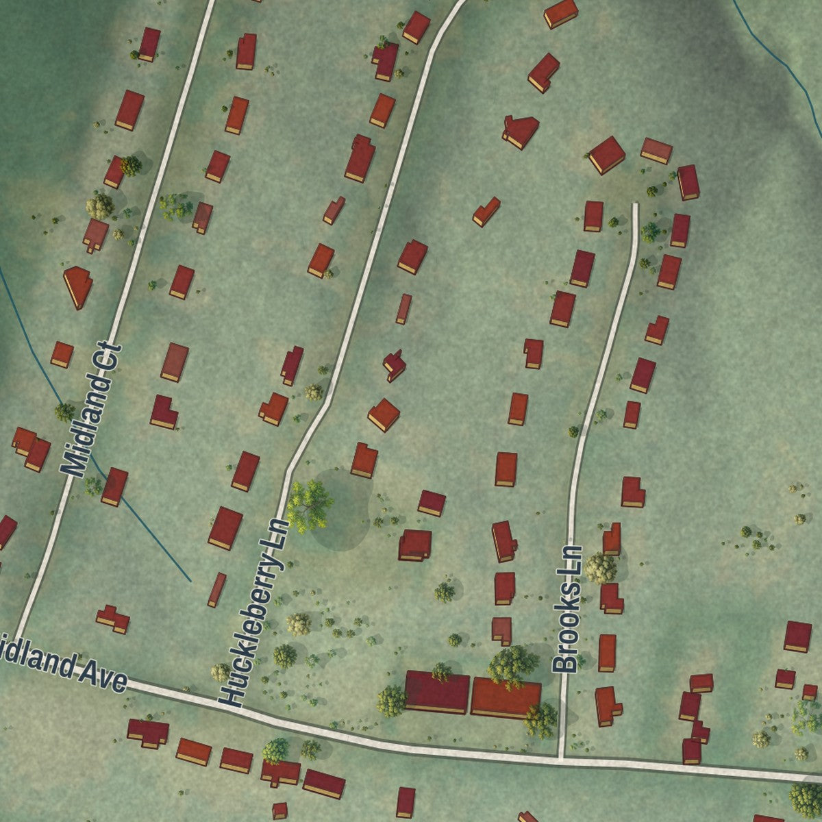 Close-up of the map of Russell, Georgia print showing street and building detail