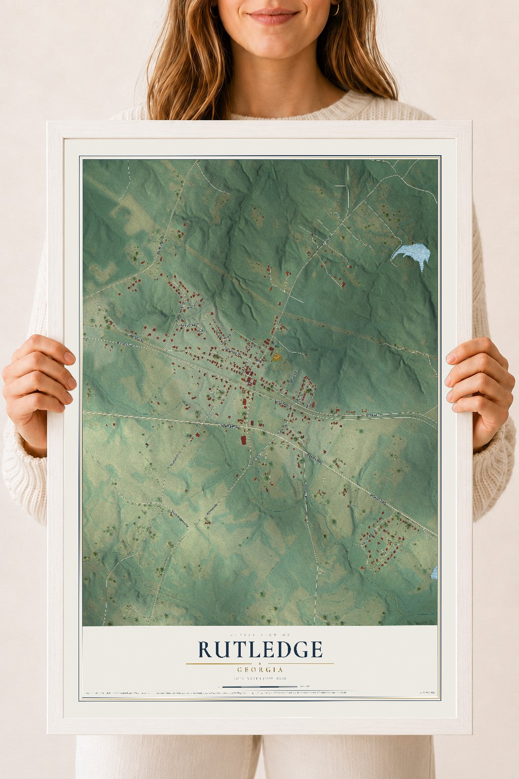Rutledge, Georgia map print, 18" x 24" W/ White Ayous Wood Frame mockup