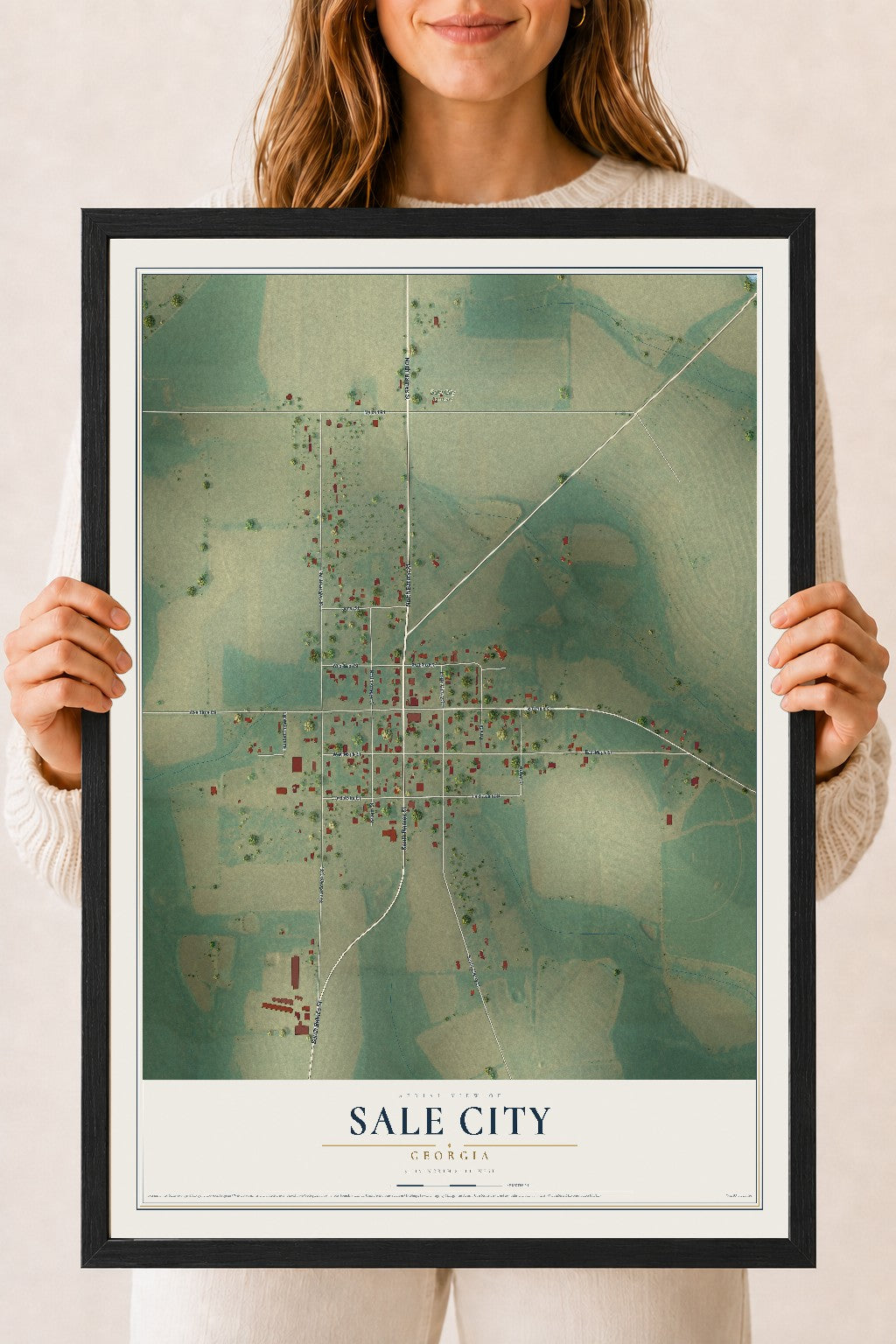 Sale City, Georgia map print, 18" x 24" W/ Black Ayous Wood Frame mockup