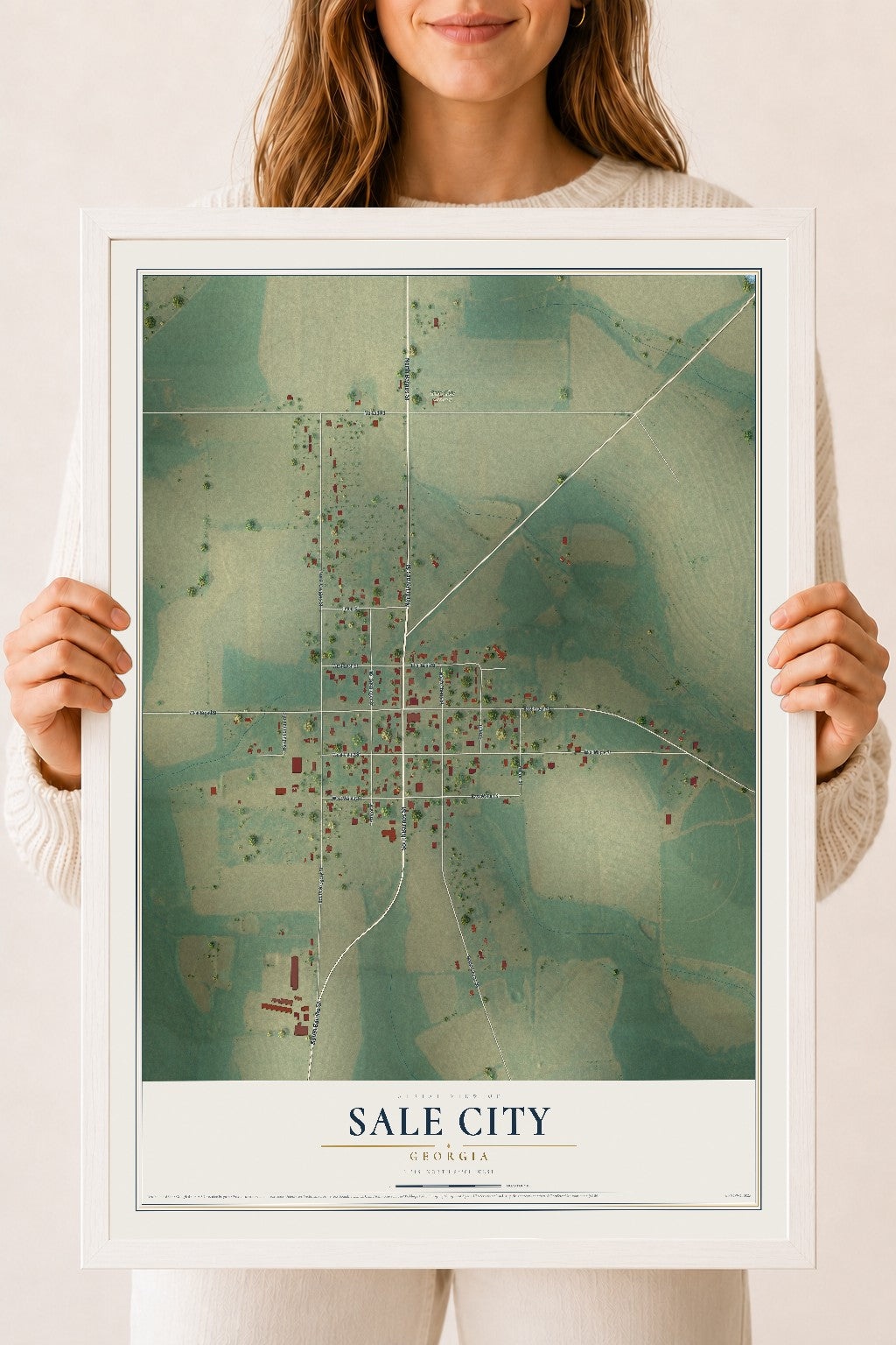 Sale City, Georgia map print, 18" x 24" W/ White Ayous Wood Frame mockup