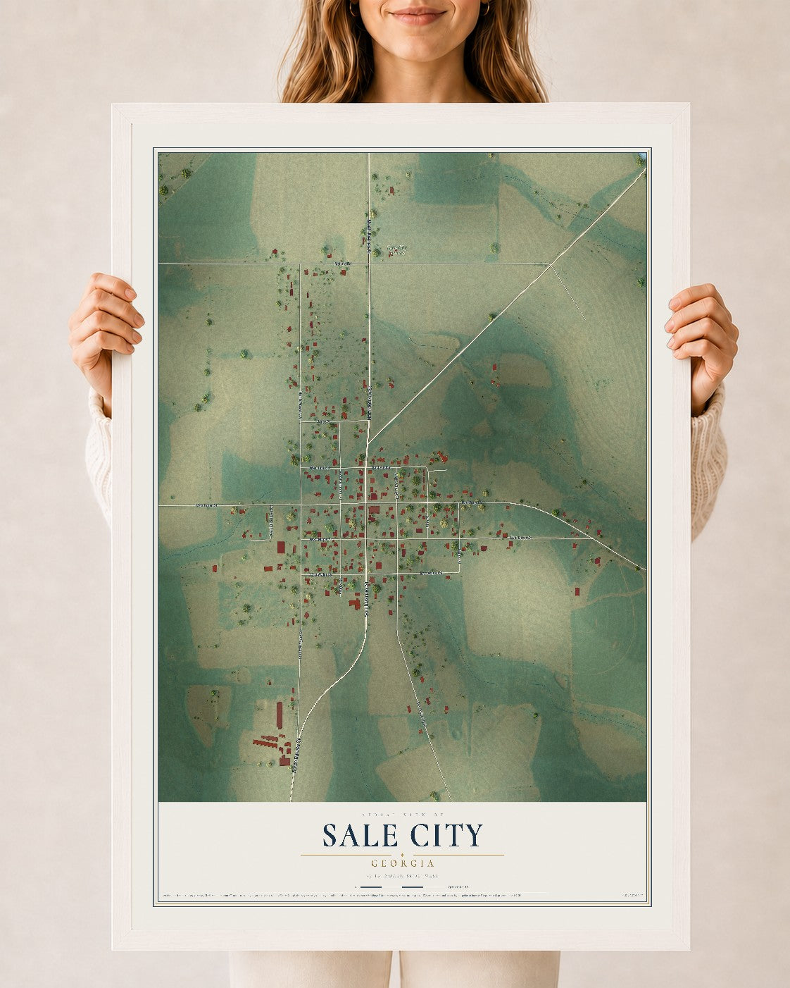Sale City, Georgia map print, 24" x 36" W/ White Ayous Wood Frame mockup