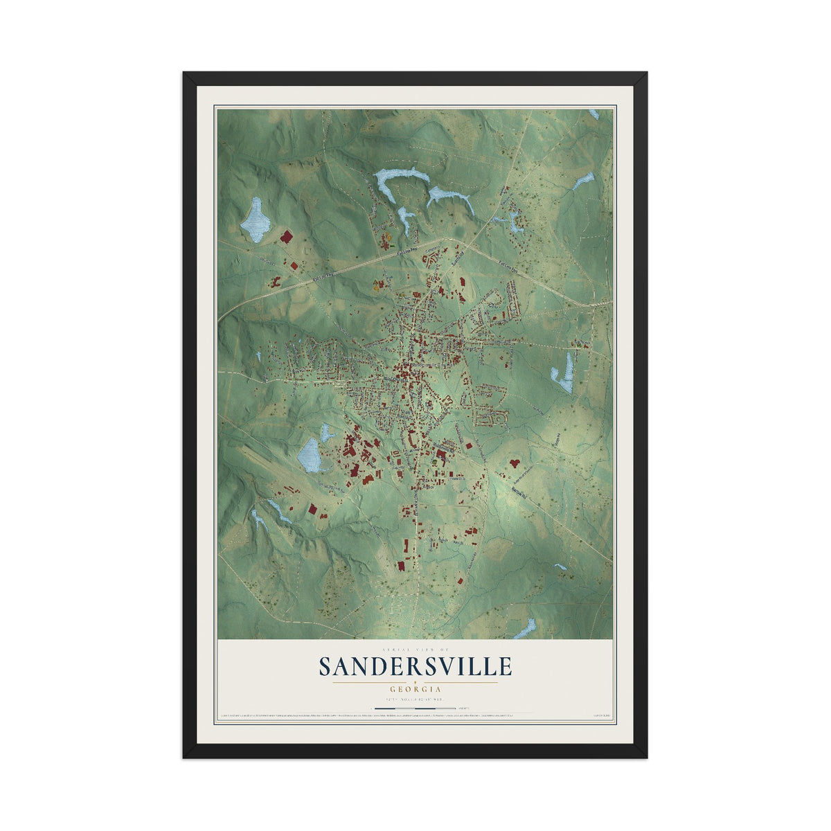 Sandersville, Georgia map print, 12" x 18" W/ Black Ayous Wood Frame mockup