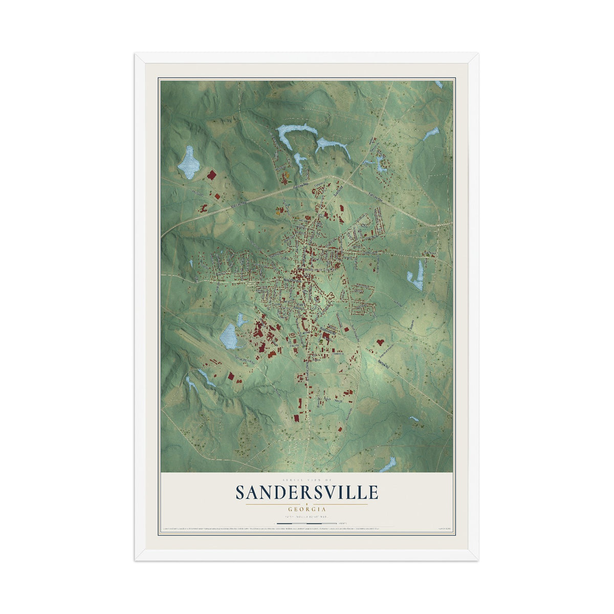 Sandersville, Georgia map print, 12" x 18" W/ White Ayous Wood Frame mockup