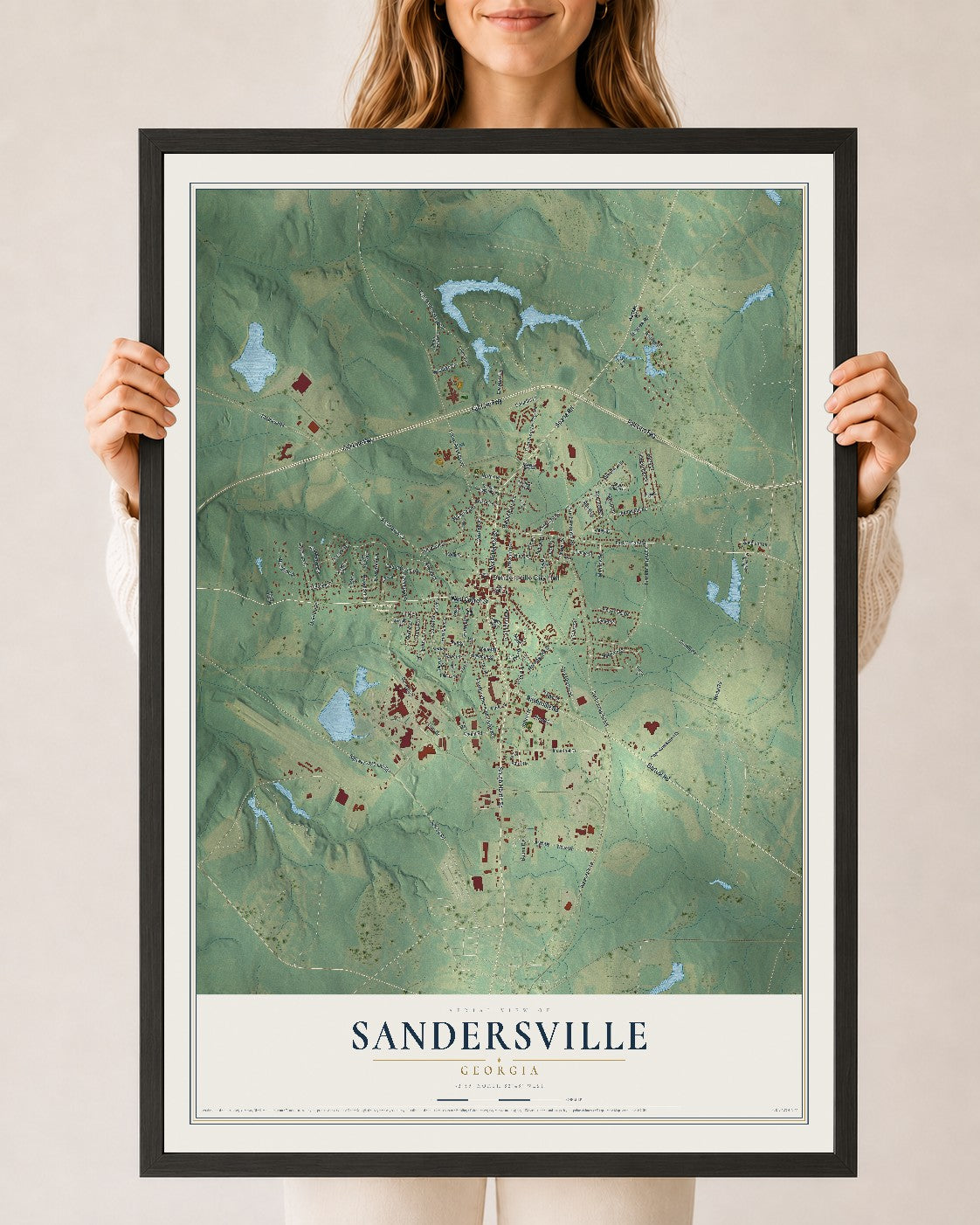 Sandersville, Georgia map print, 24" x 36" W/ Black Ayous Wood Frame mockup