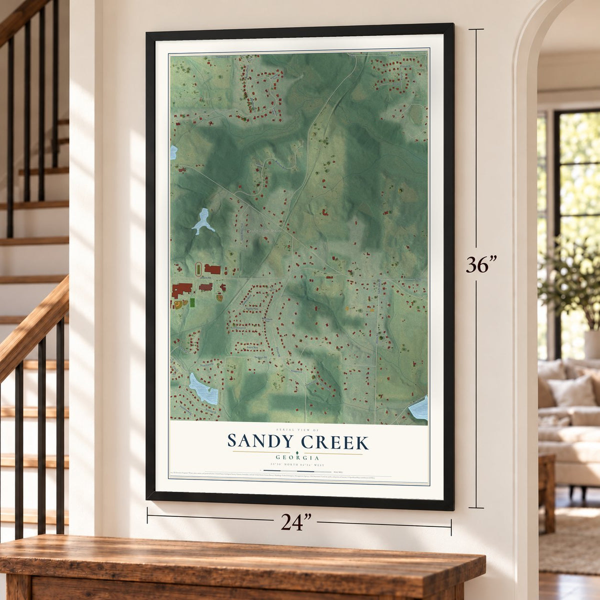 Sandy Creek, Georgia map, 24 x 36 inch print in a black frame by a staircase
