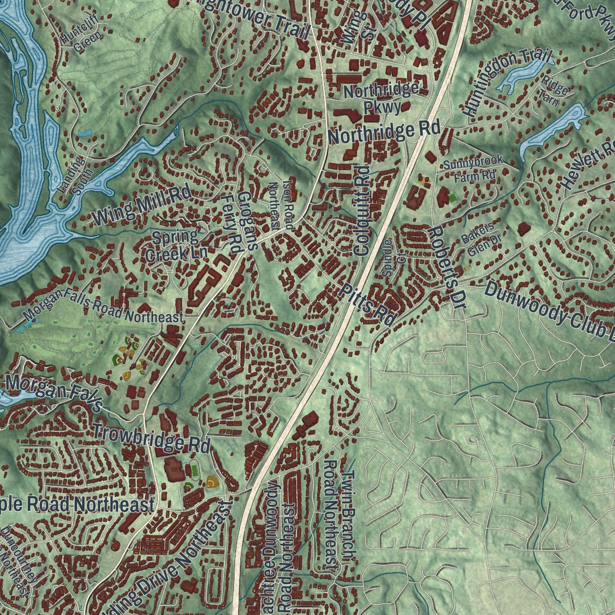 Close-up 2 of the Sandy Springs, Georgia map artwork