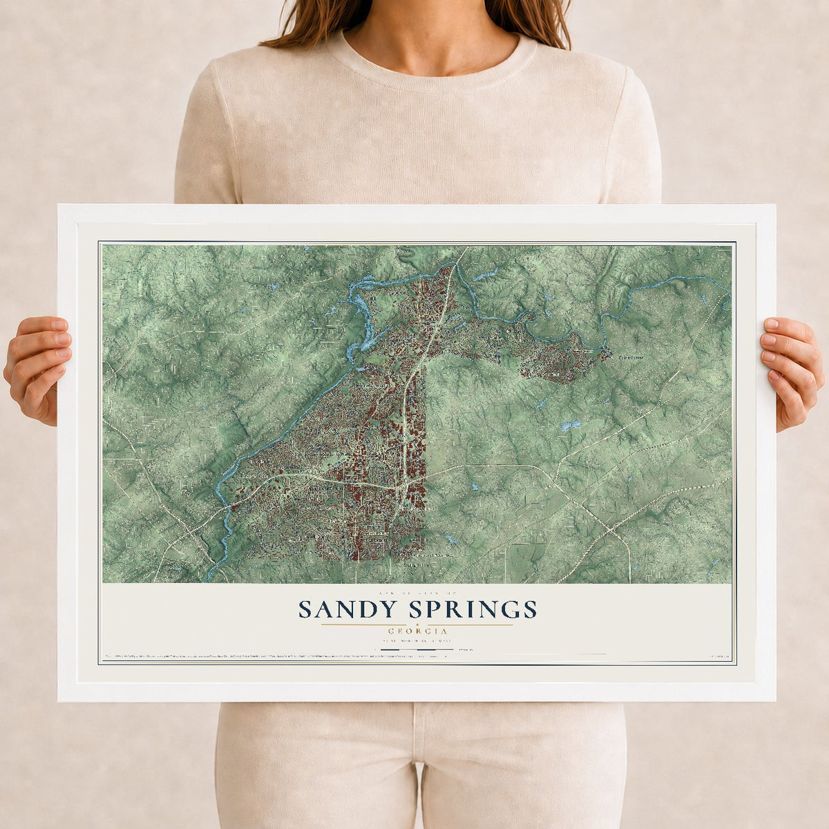Sandy Springs, Georgia map print, 12" x 18" W/ White Ayous Wood Frame mockup