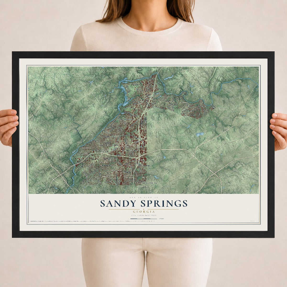 Sandy Springs, Georgia map print, 18" x 24" W/ Black Ayous Wood Frame mockup