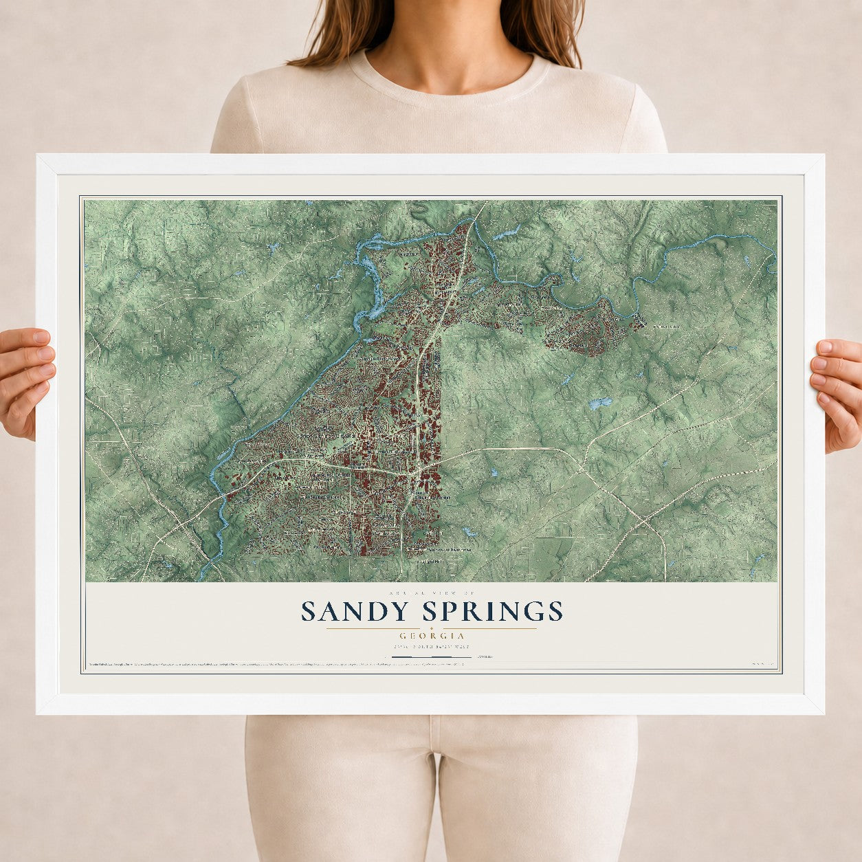 Sandy Springs, Georgia map print, 18" x 24" W/ White Ayous Wood Frame mockup
