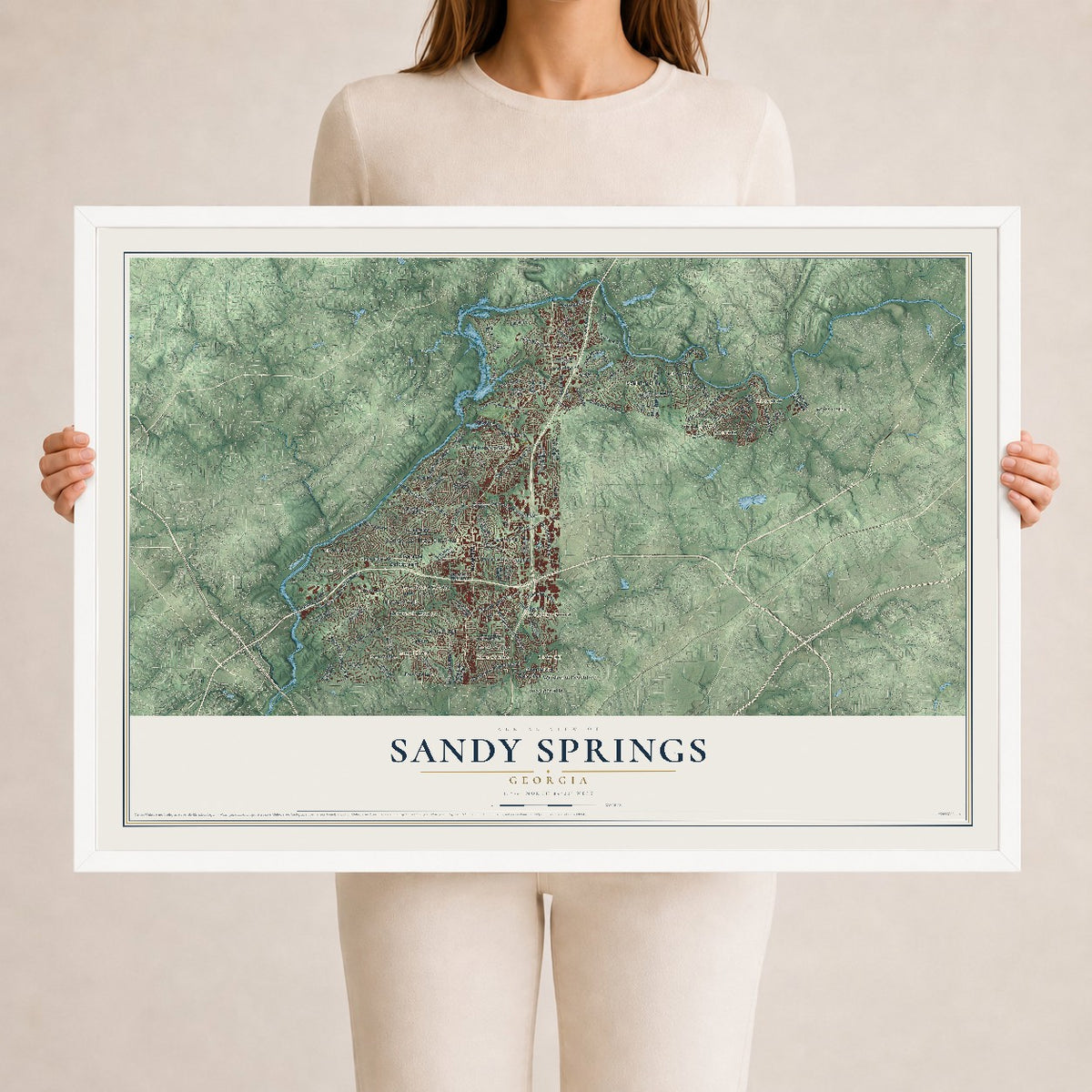 Sandy Springs, Georgia map print, 24" x 36" W/ White Ayous Wood Frame mockup