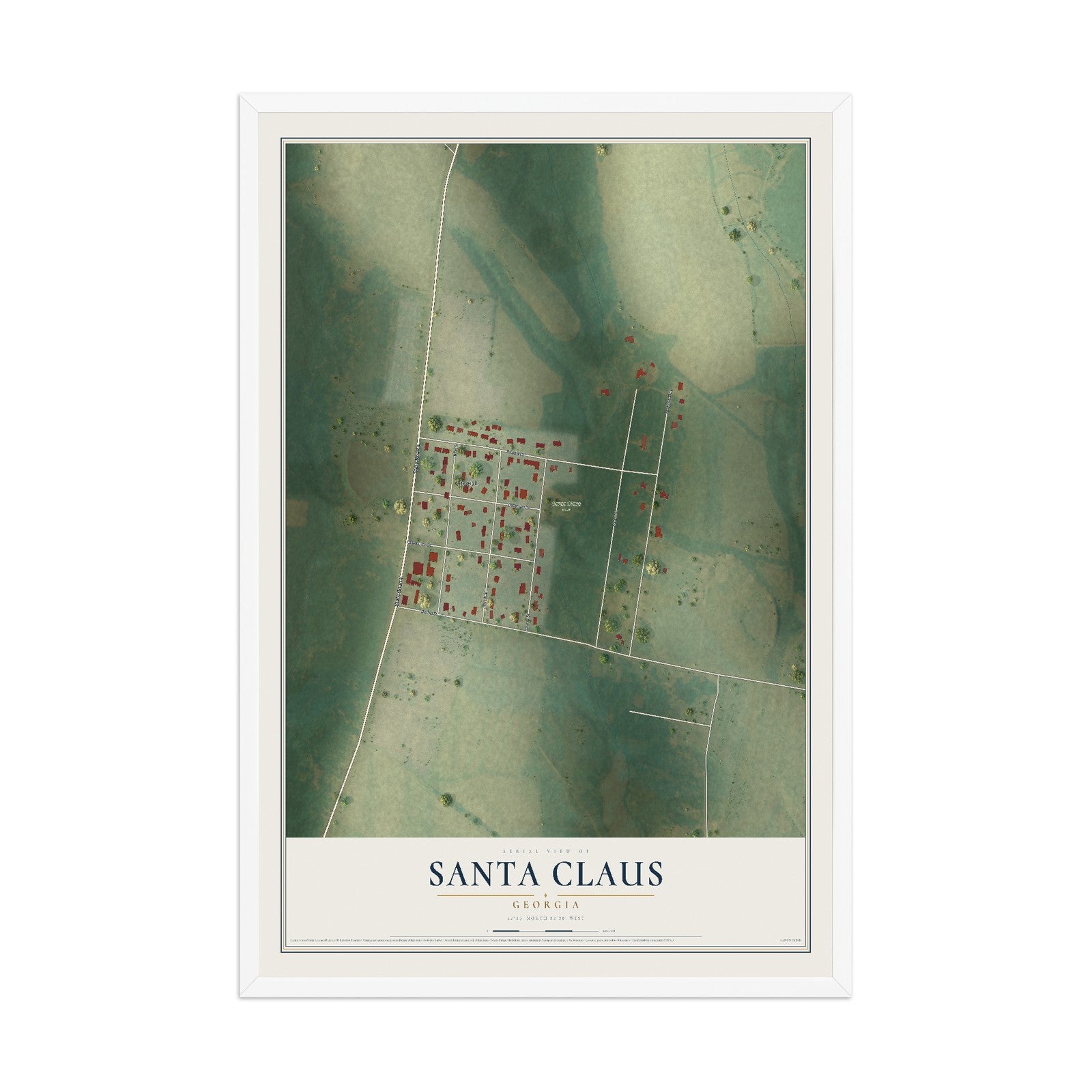 Santa Claus, Georgia map print, 12" x 18" W/ White Ayous Wood Frame mockup