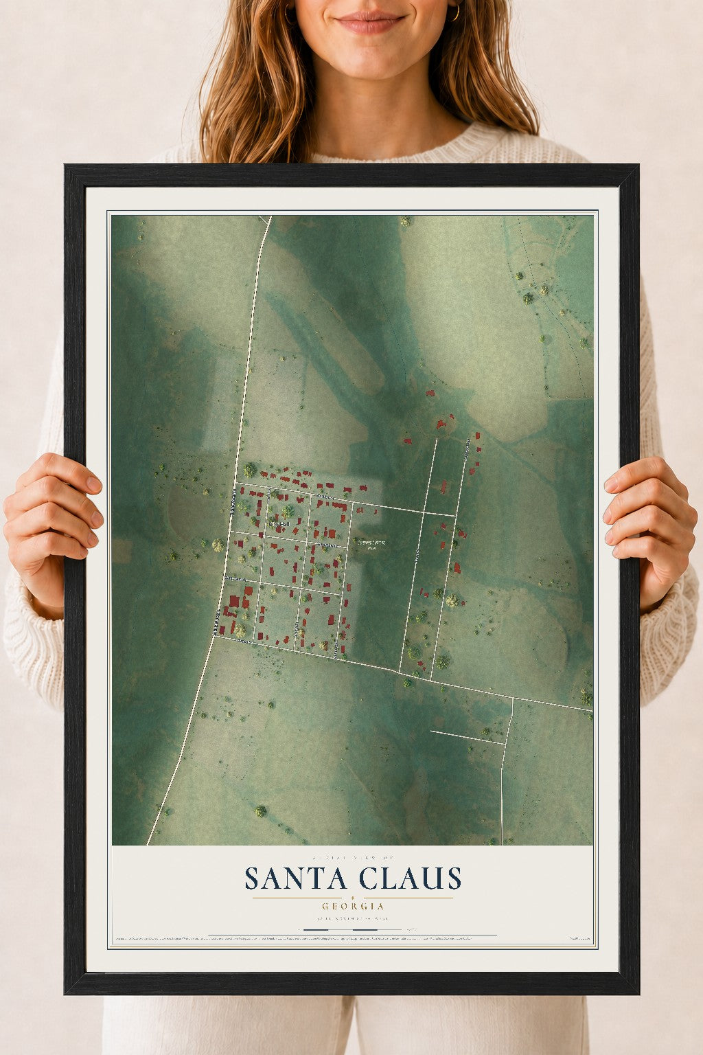 Santa Claus, Georgia map print, 18" x 24" W/ Black Ayous Wood Frame mockup