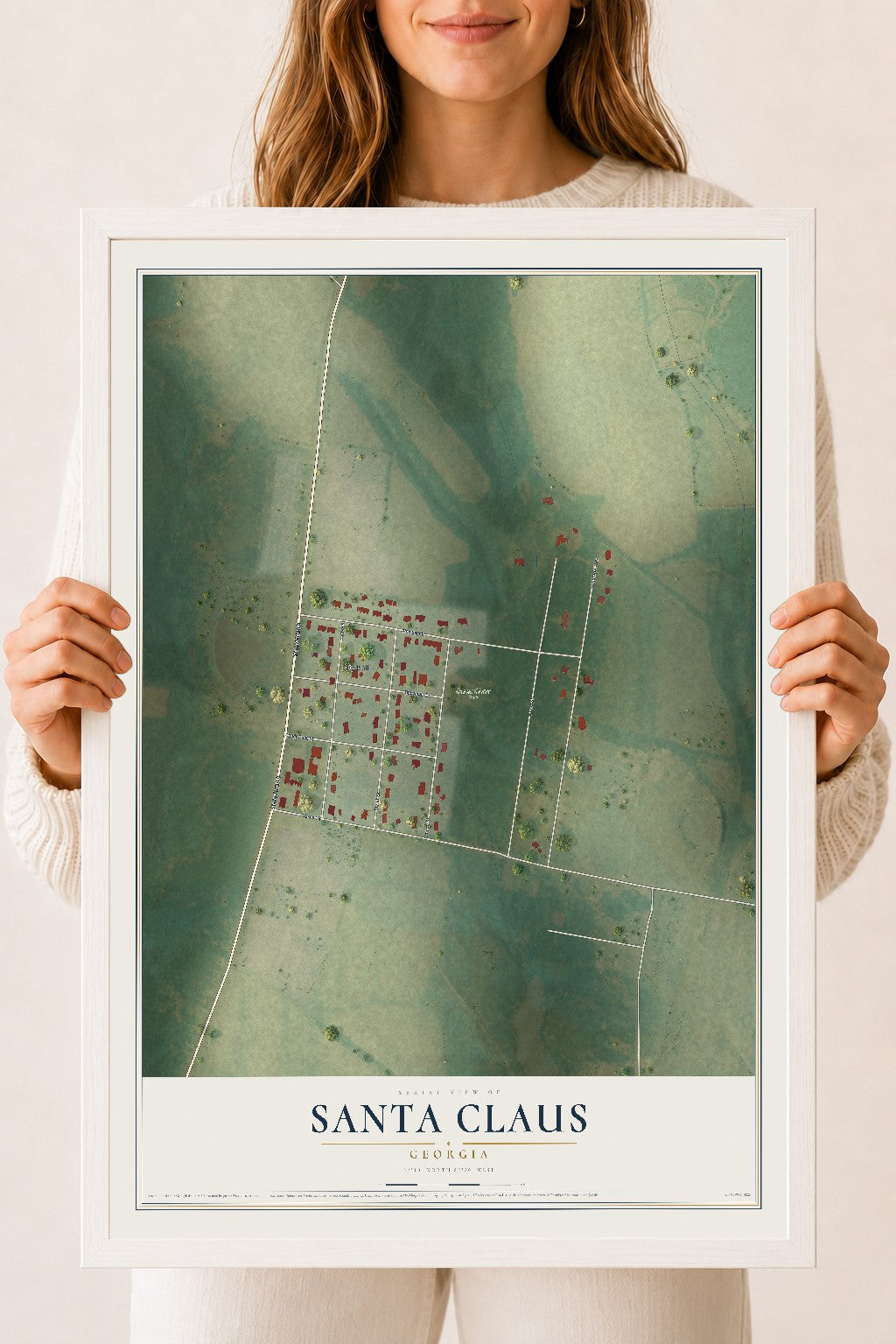 Santa Claus, Georgia map print, 18" x 24" W/ White Ayous Wood Frame mockup