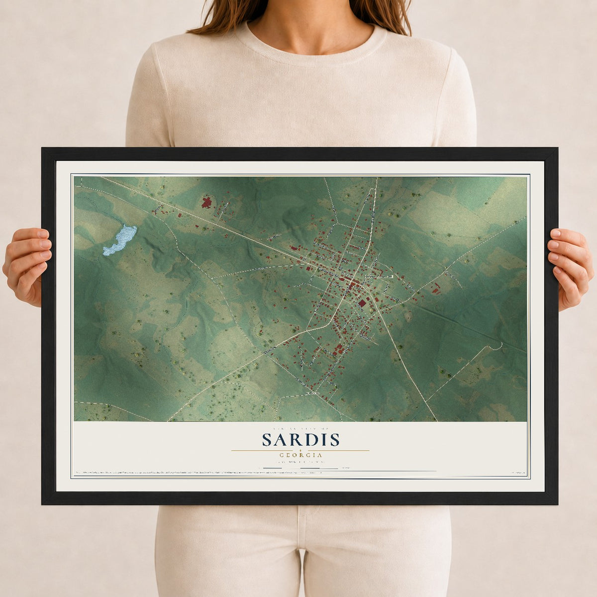 Sardis, Georgia map print, 12" x 18" W/ Black Ayous Wood Frame mockup