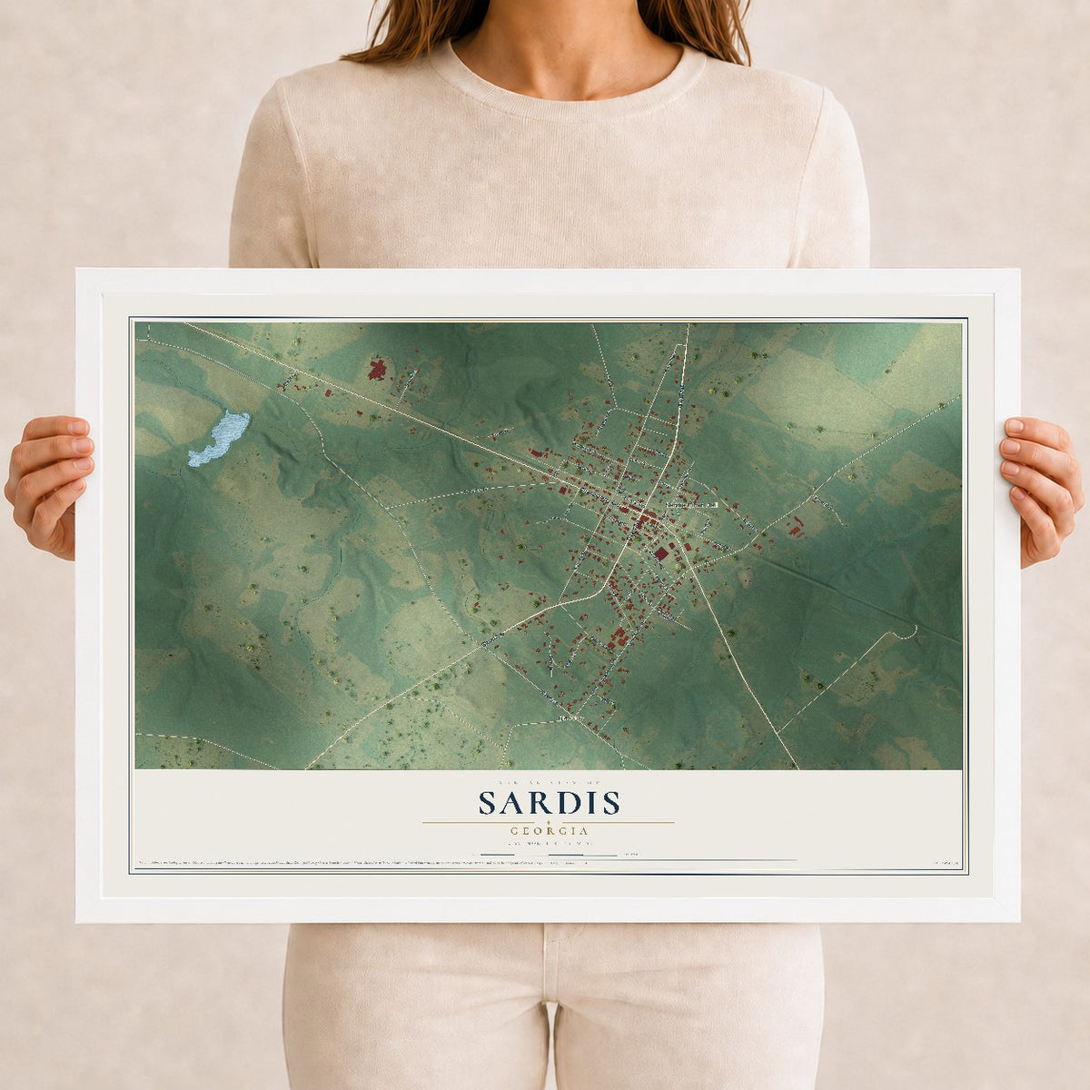 Sardis, Georgia map print, 12" x 18" W/ White Ayous Wood Frame mockup