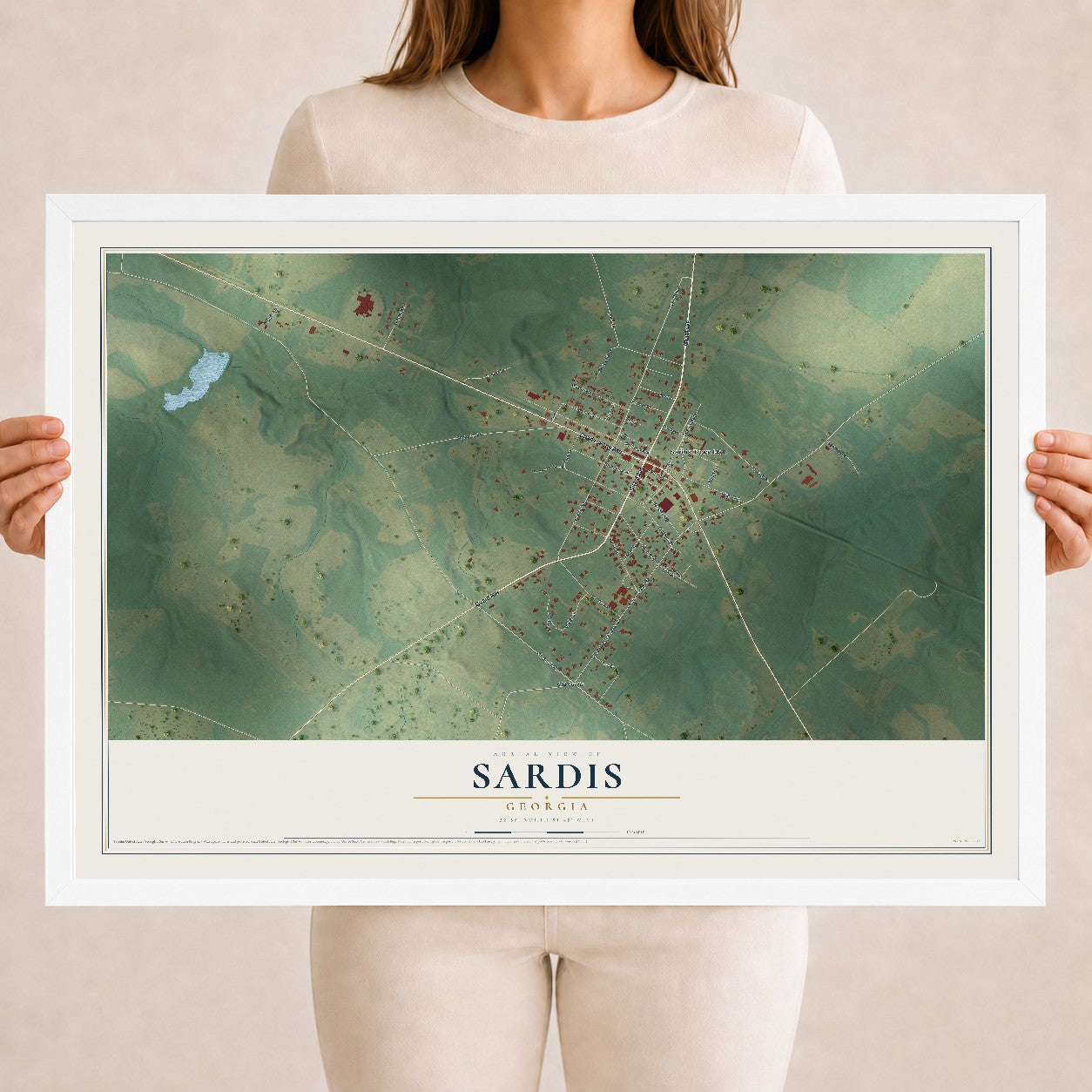 Sardis, Georgia map print, 18" x 24" W/ White Ayous Wood Frame mockup