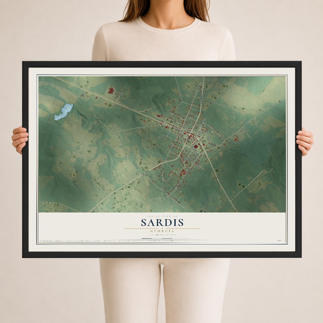 Sardis, Georgia map print, 24" x 36" W/ Black Ayous Wood Frame mockup