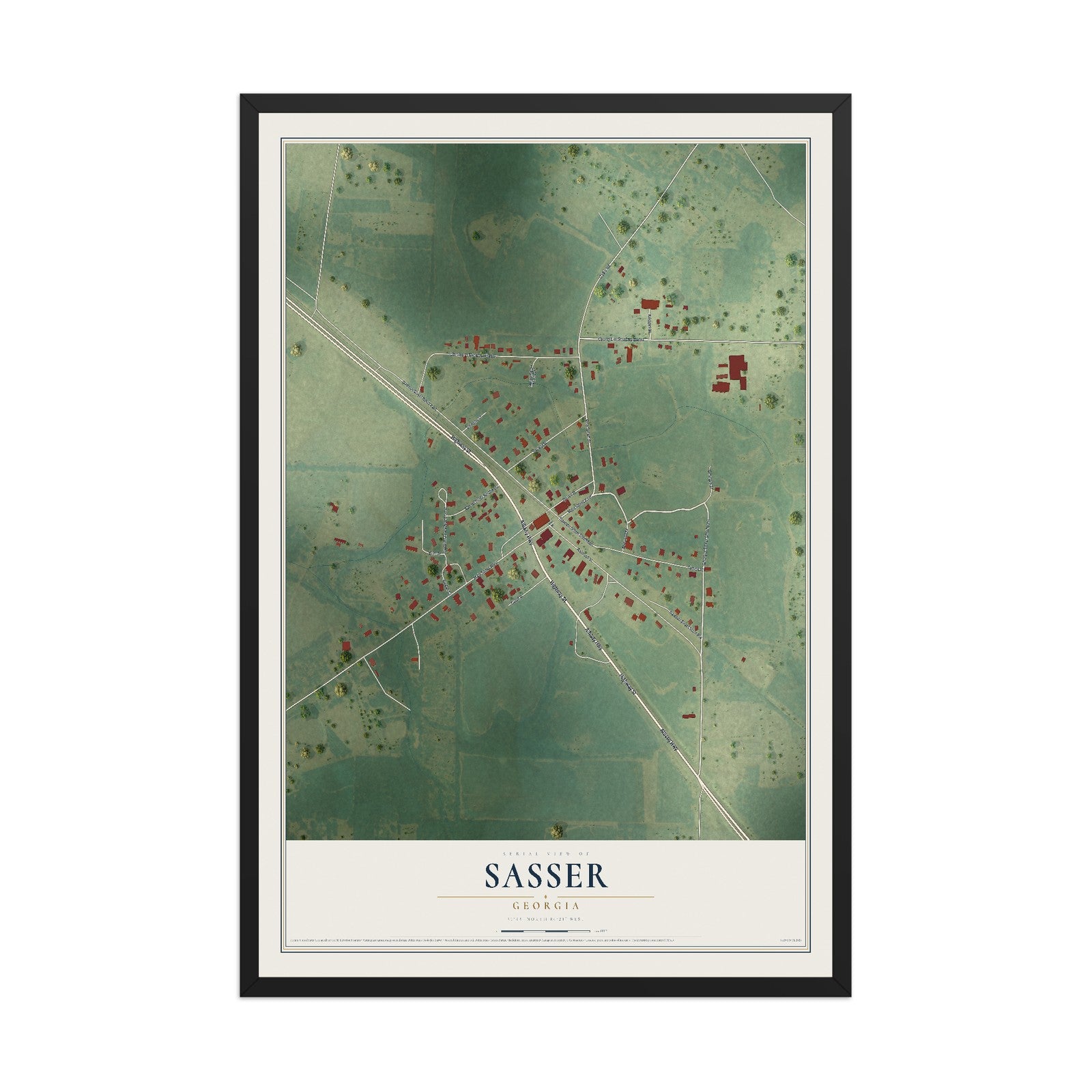 Sasser, Georgia map print, 12" x 18" W/ Black Ayous Wood Frame mockup