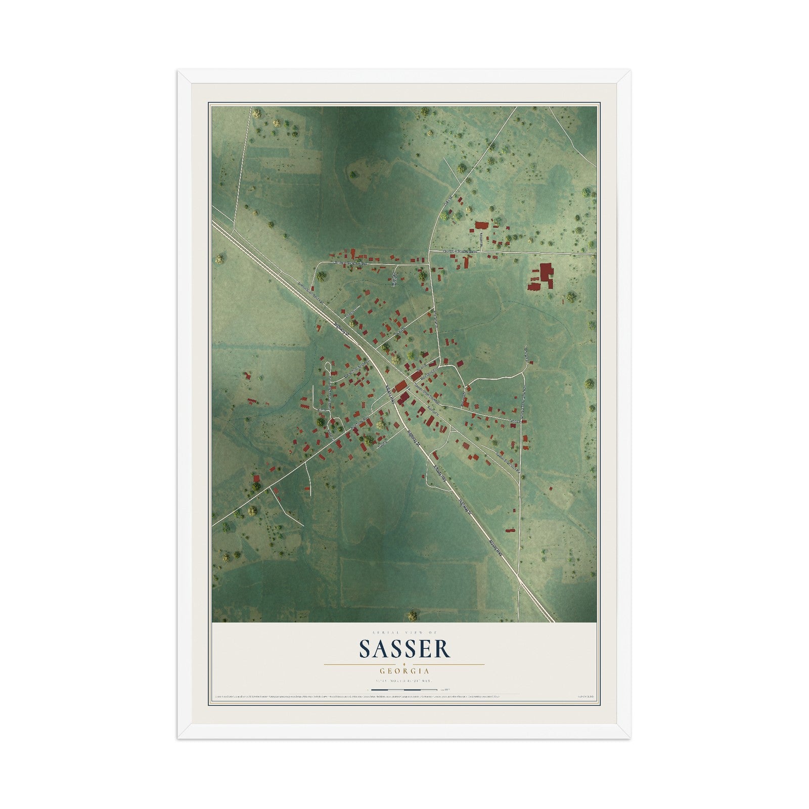Sasser, Georgia map print, 12" x 18" W/ White Ayous Wood Frame mockup