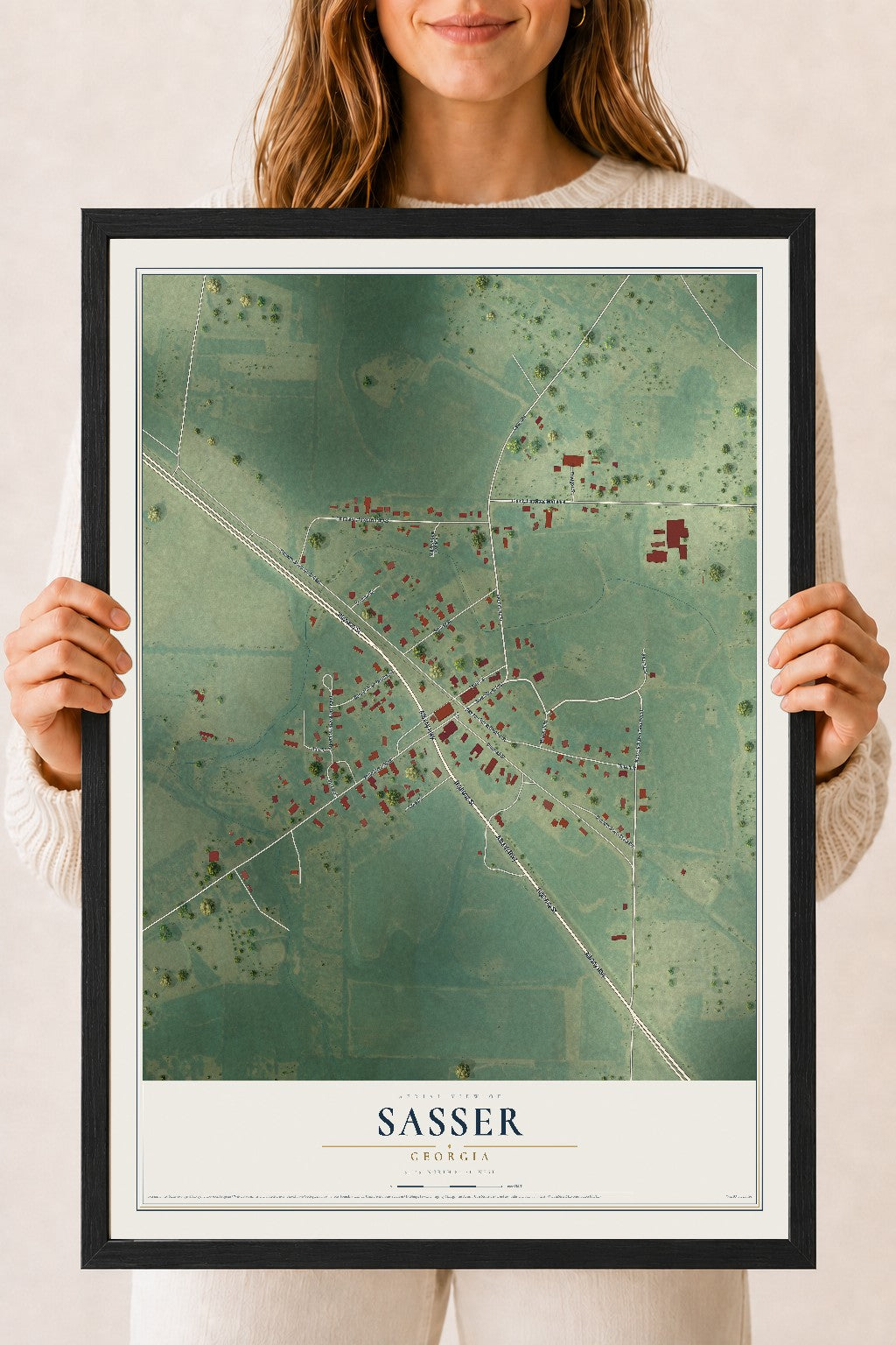 Sasser, Georgia map print, 18" x 24" W/ Black Ayous Wood Frame mockup