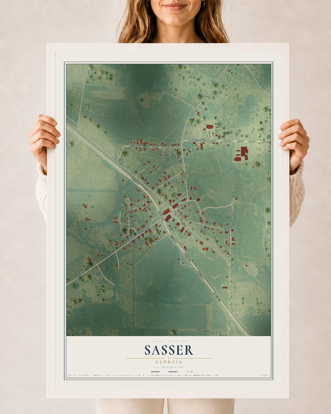 Sasser, Georgia map print, 24" x 36" W/ White Ayous Wood Frame mockup