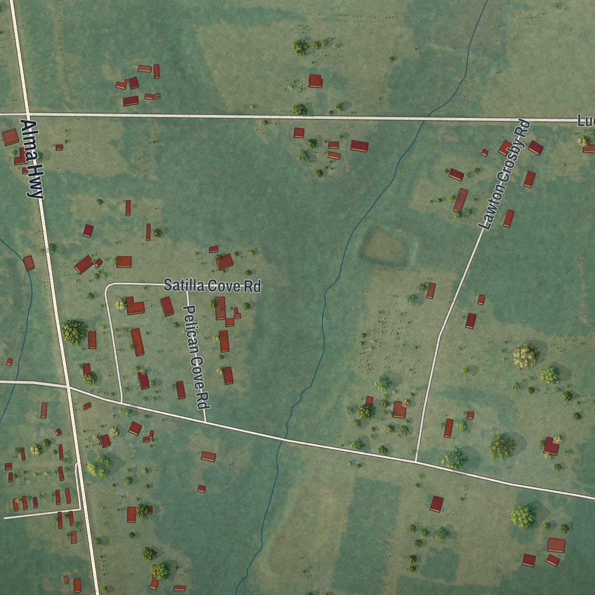 Close-up of the map of Satilla, Georgia print showing street and building detail