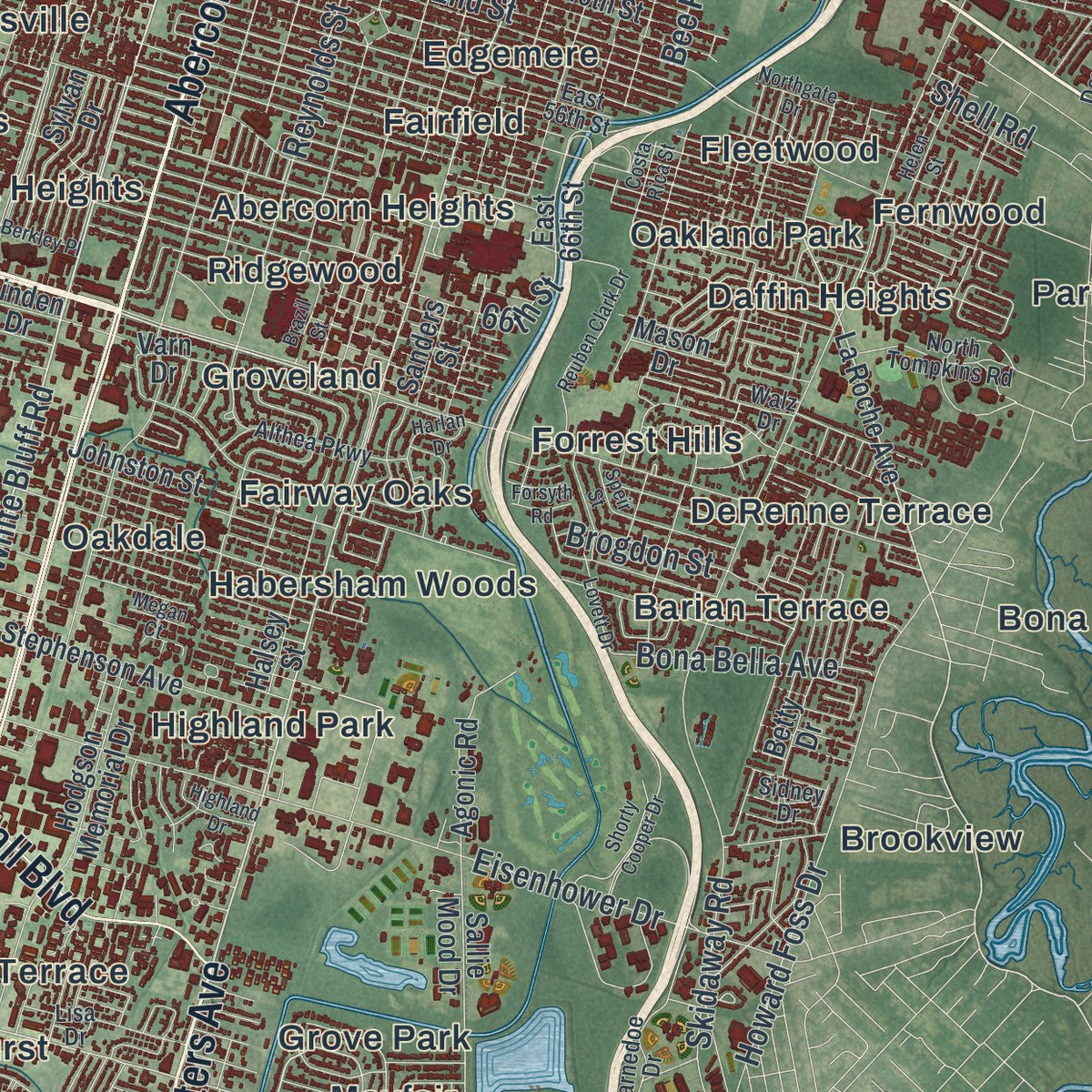 Second close-up of the map of Savannah, Georgia print showing more streets and buildings