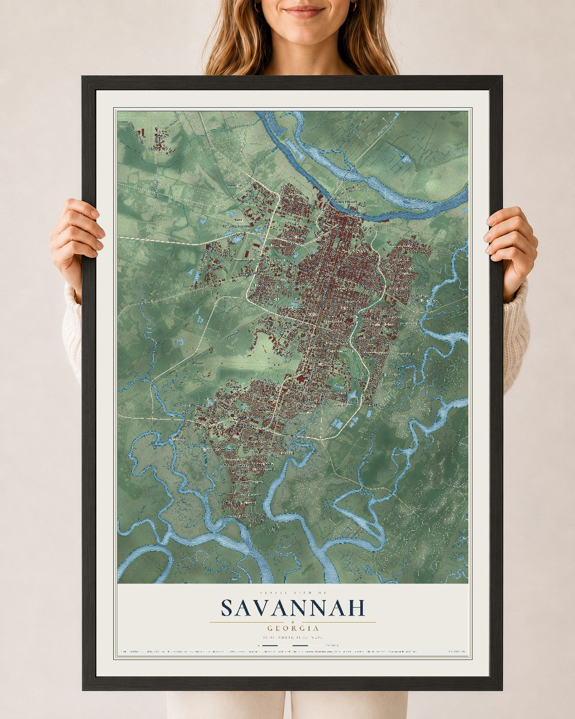 Map of Savannah, Georgia, 24 x 36 inch print in a black wood frame