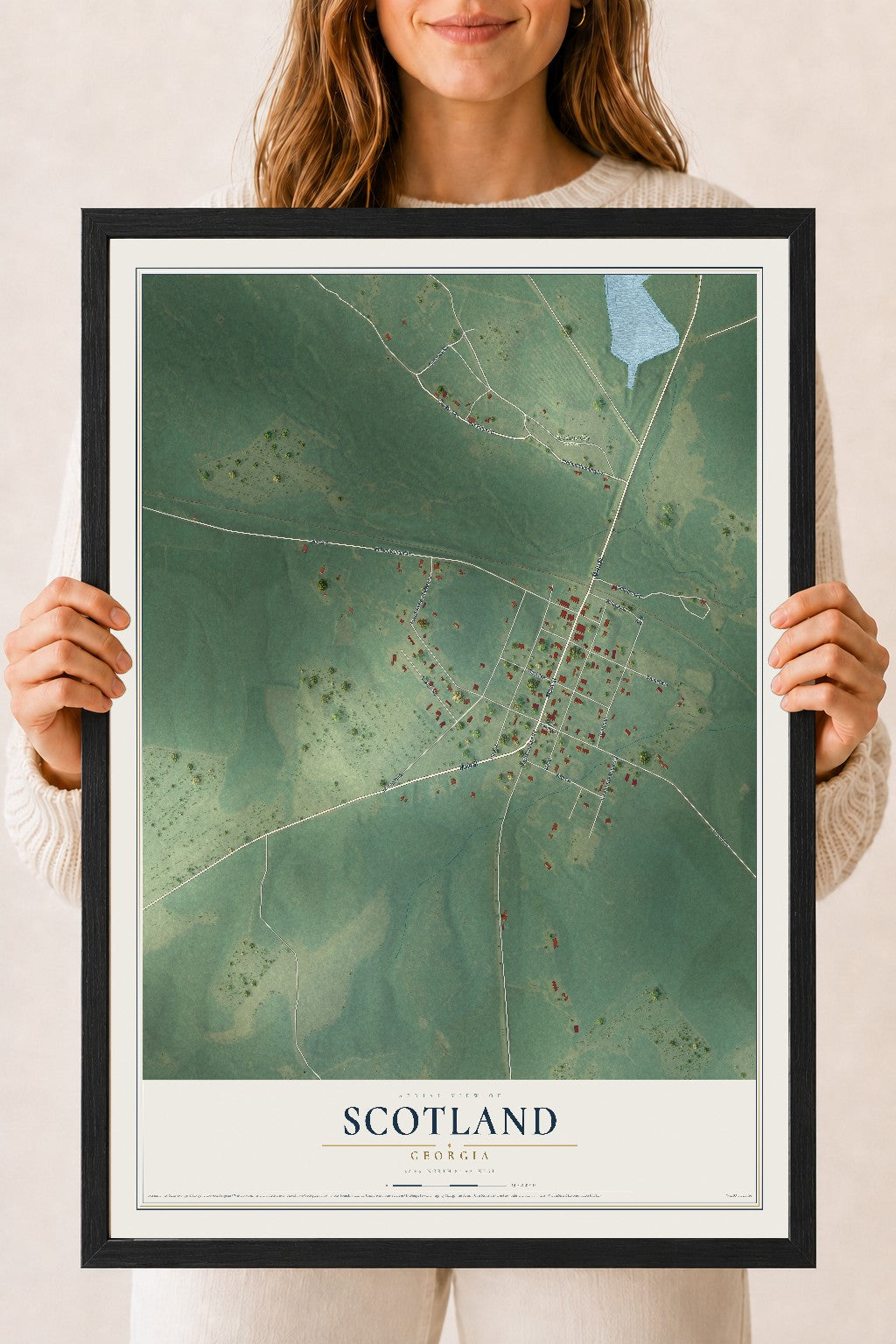 Scotland, Georgia map print, 18" x 24" W/ Black Ayous Wood Frame mockup