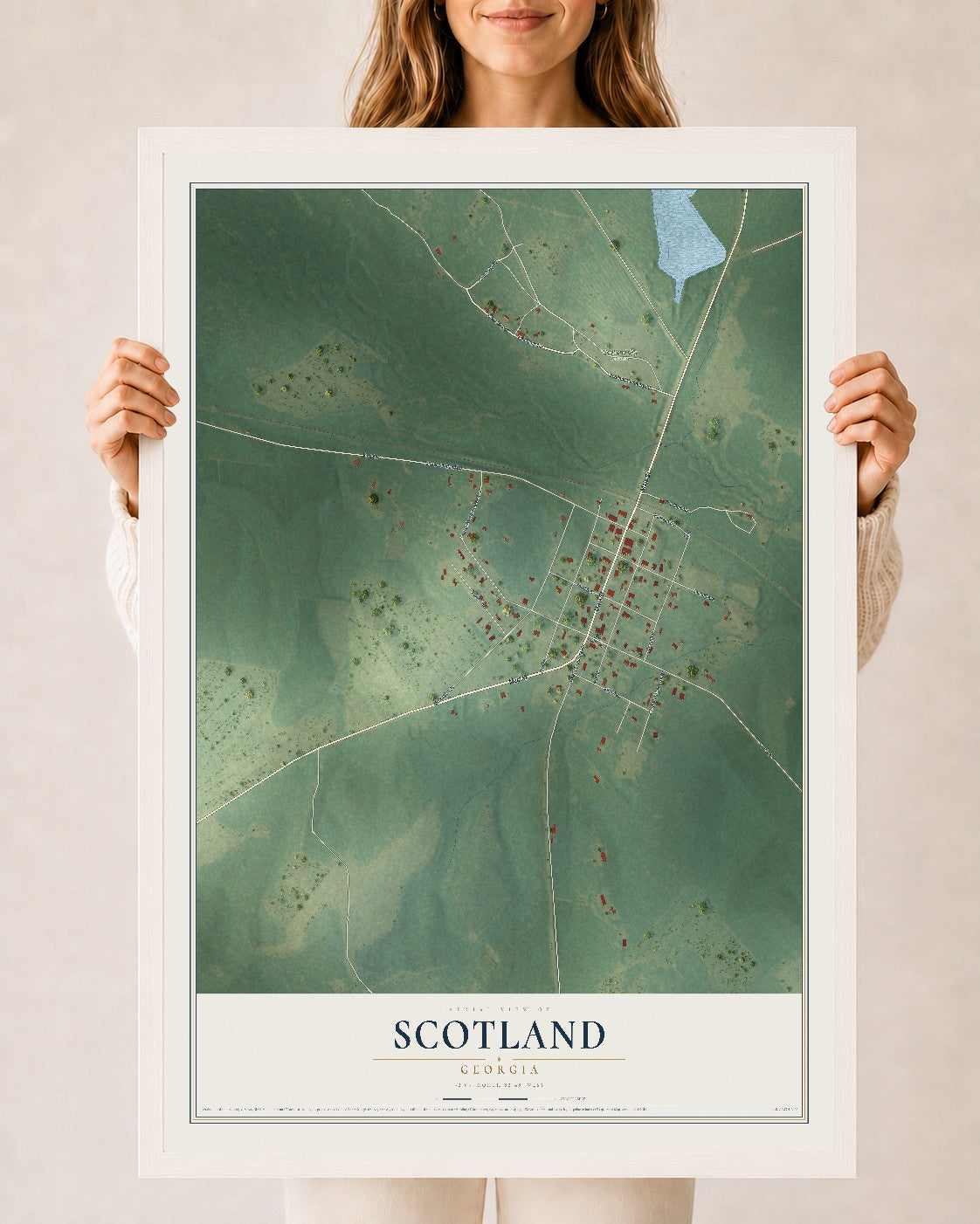 Scotland, Georgia map print, 24" x 36" W/ White Ayous Wood Frame mockup