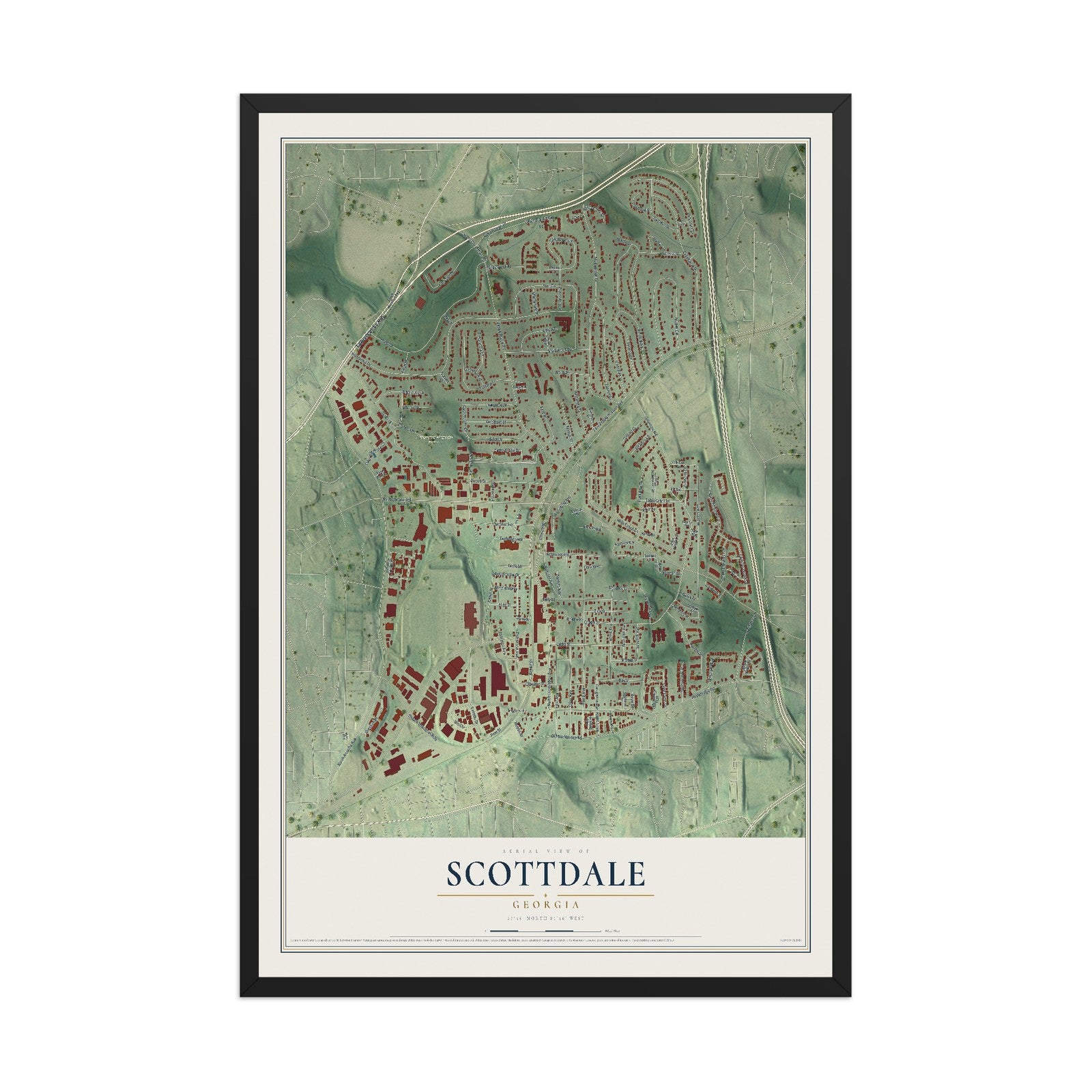 Scottdale, Georgia map print, 12" x 18" W/ Black Ayous Wood Frame mockup