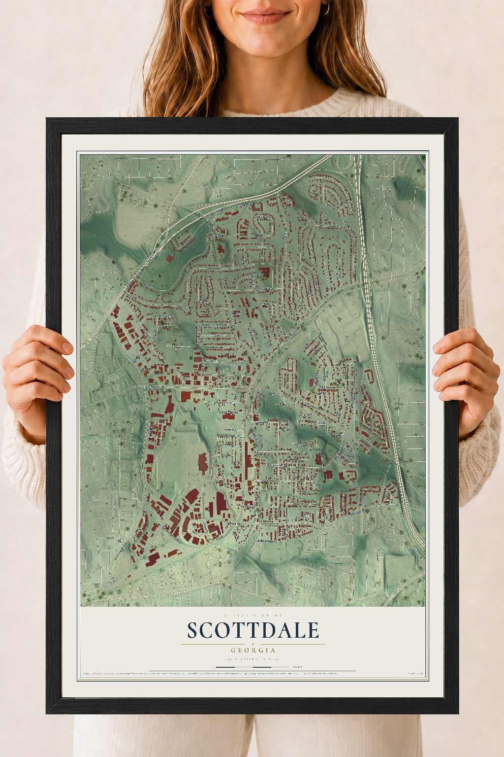 Scottdale, Georgia map print, 18" x 24" W/ Black Ayous Wood Frame mockup