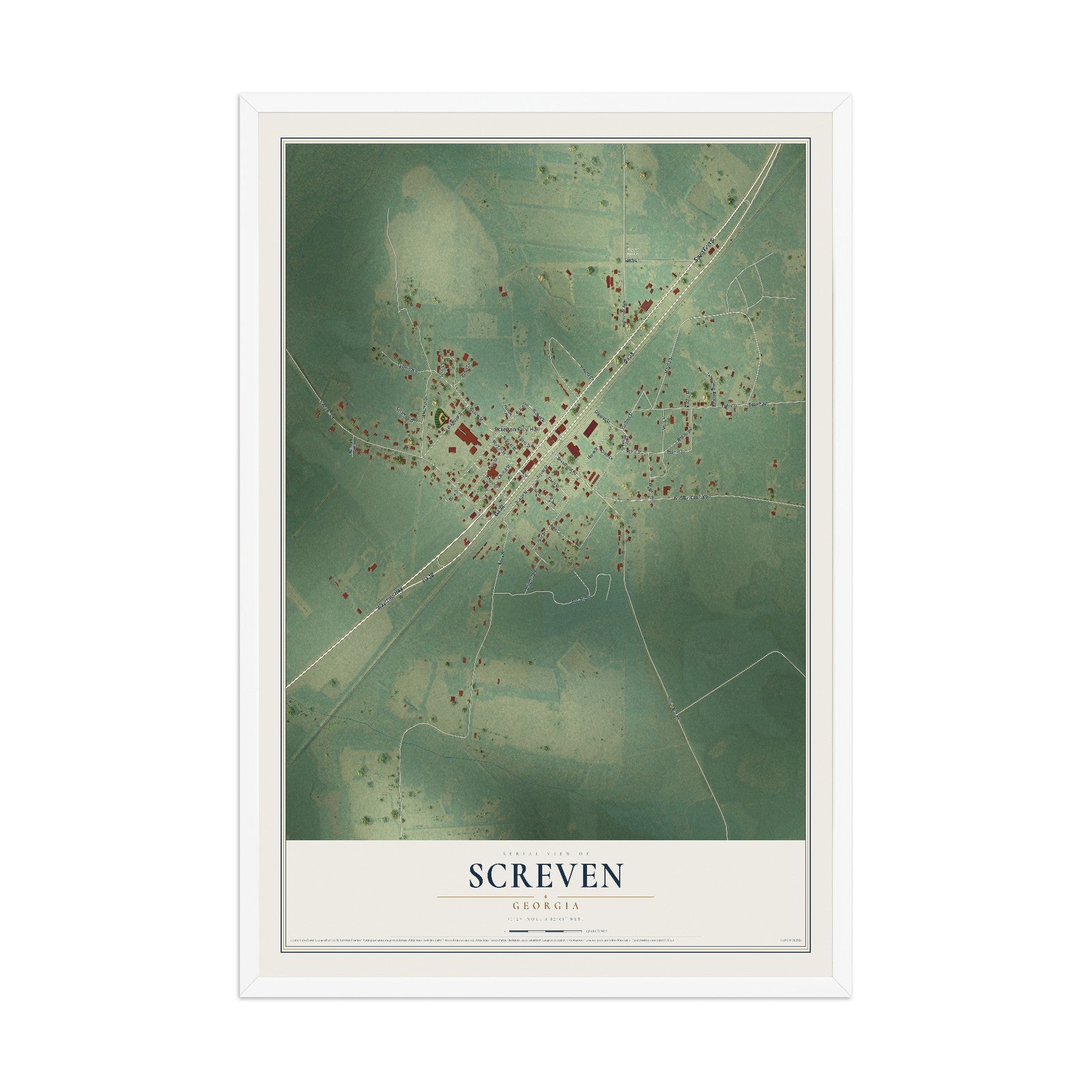Screven, Georgia map print, 12" x 18" W/ White Ayous Wood Frame mockup