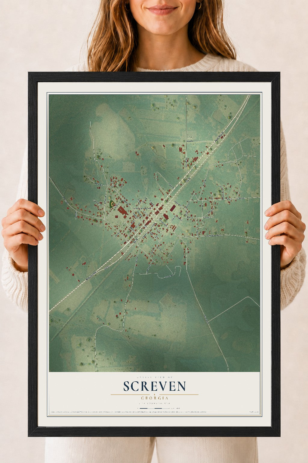 Screven, Georgia map print, 18" x 24" W/ Black Ayous Wood Frame mockup