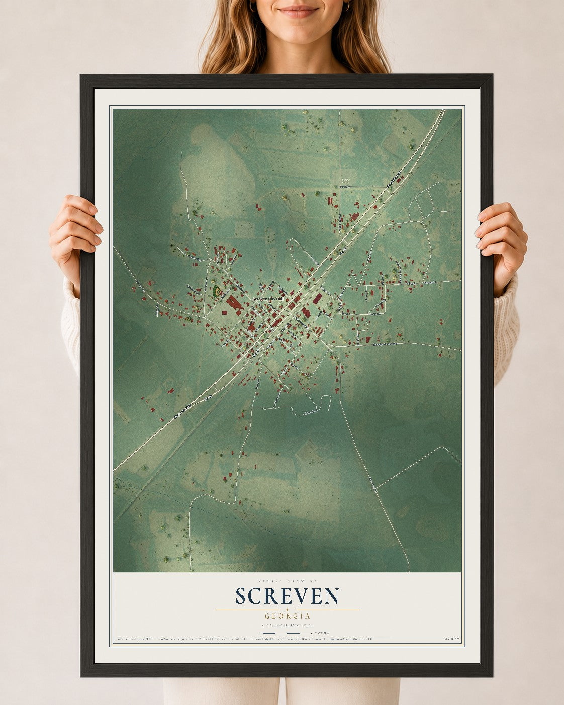 Screven, Georgia map print, 24" x 36" W/ Black Ayous Wood Frame mockup