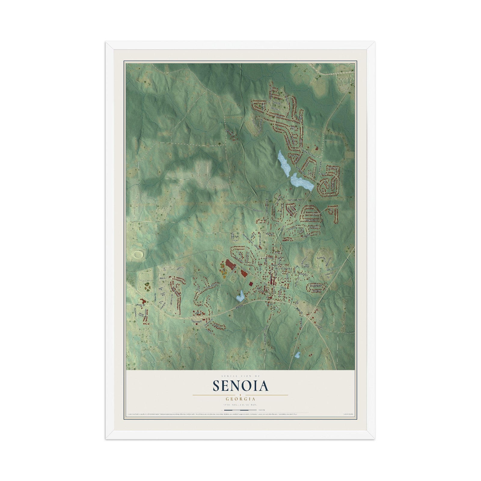 Senoia, Georgia map print, 12" x 18" W/ White Ayous Wood Frame mockup