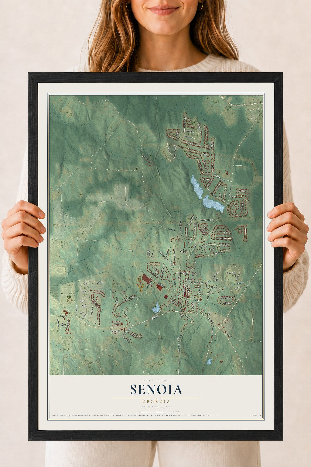 Senoia, Georgia map print, 18" x 24" W/ Black Ayous Wood Frame mockup