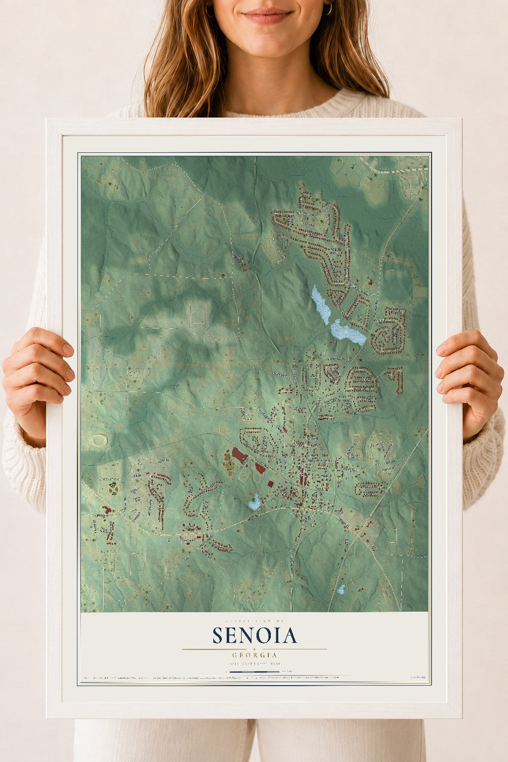 Senoia, Georgia map print, 18" x 24" W/ White Ayous Wood Frame mockup