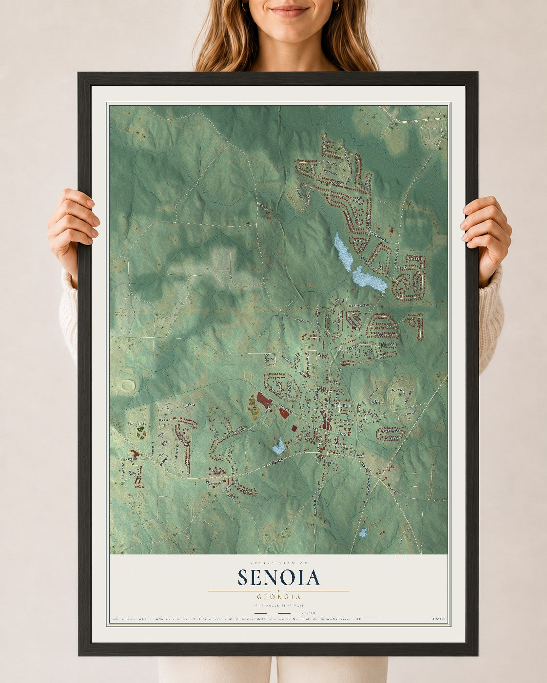 Senoia, Georgia map print, 24" x 36" W/ Black Ayous Wood Frame mockup