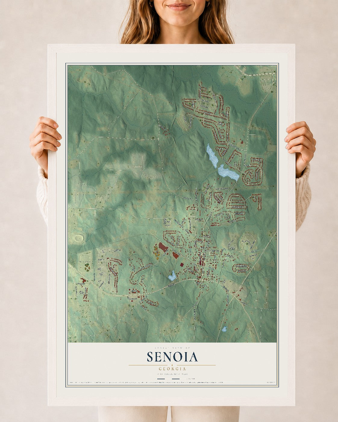Senoia, Georgia map print, 24" x 36" W/ White Ayous Wood Frame mockup