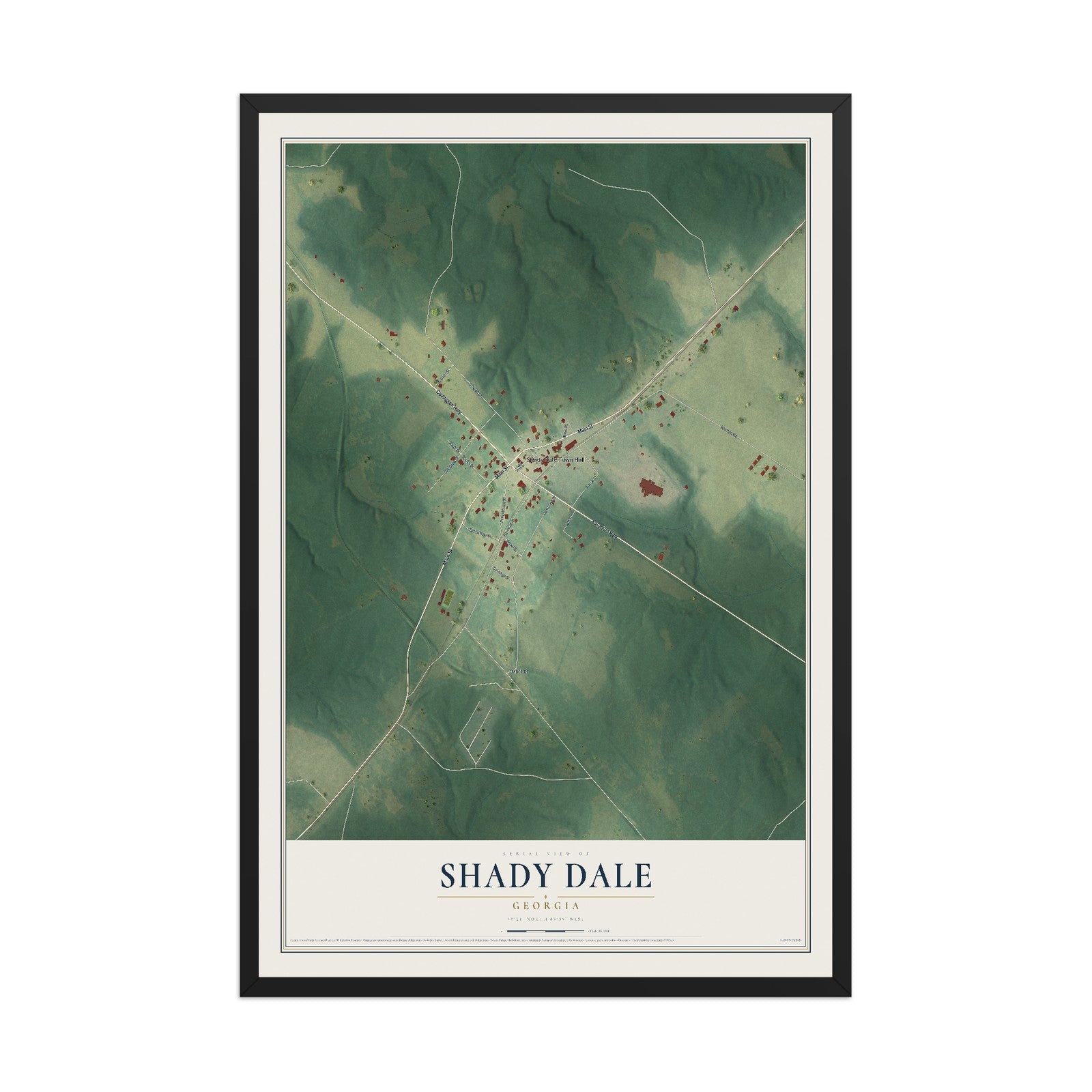 Shady Dale, Georgia map print, 12" x 18" W/ Black Ayous Wood Frame mockup