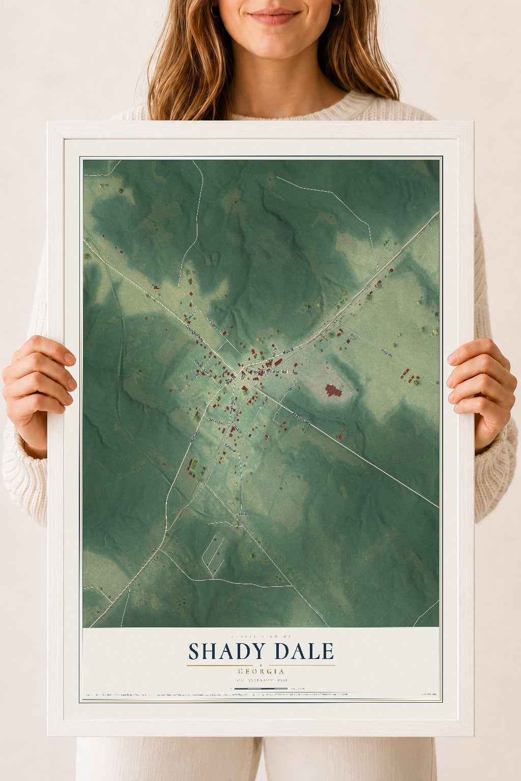 Shady Dale, Georgia map print, 18" x 24" W/ White Ayous Wood Frame mockup